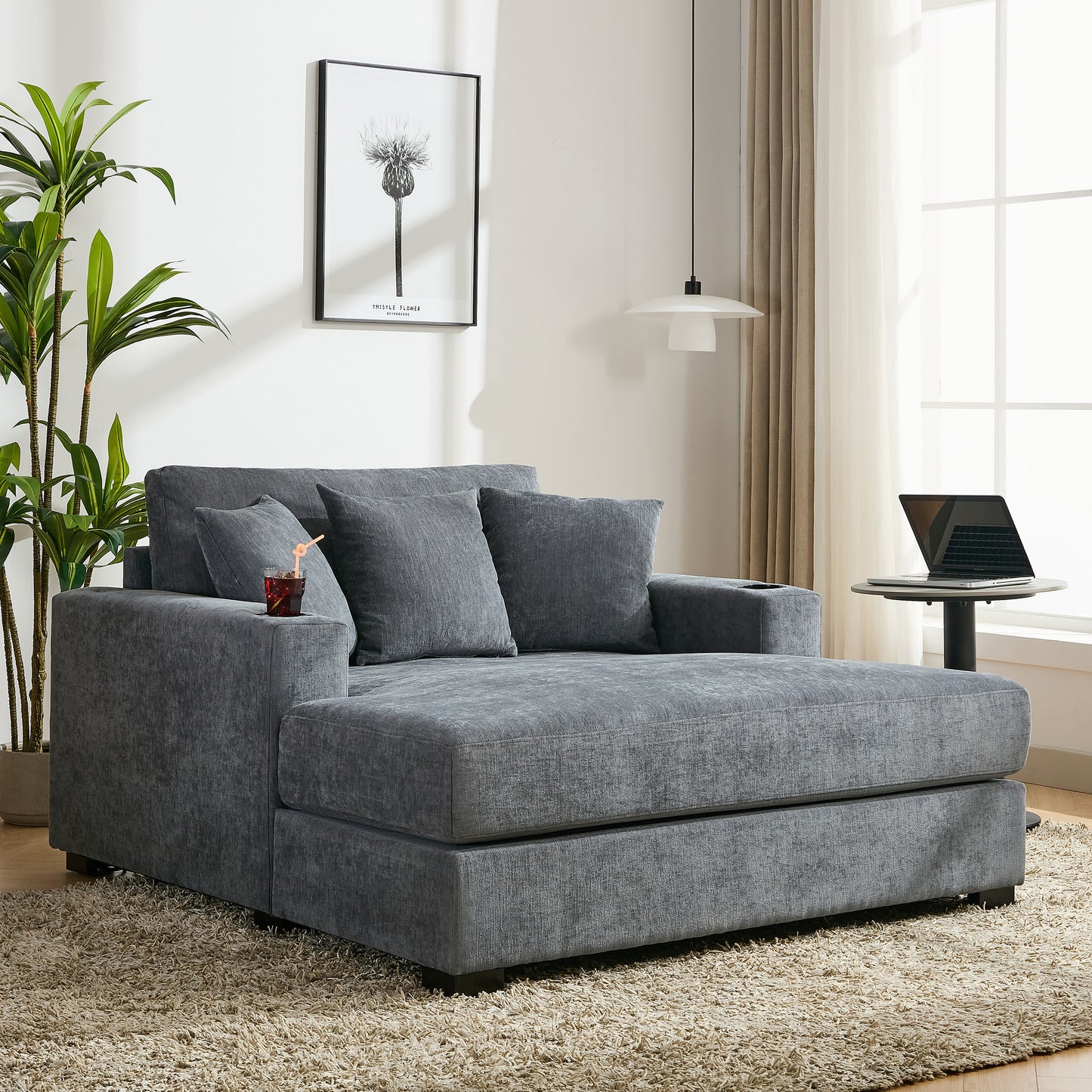 55" Oversized Chaise Lounger Modern Style Sofa Couch ,with Pillows, Charge Station & Cup Holders, Chenille Fabric, Blue Gray