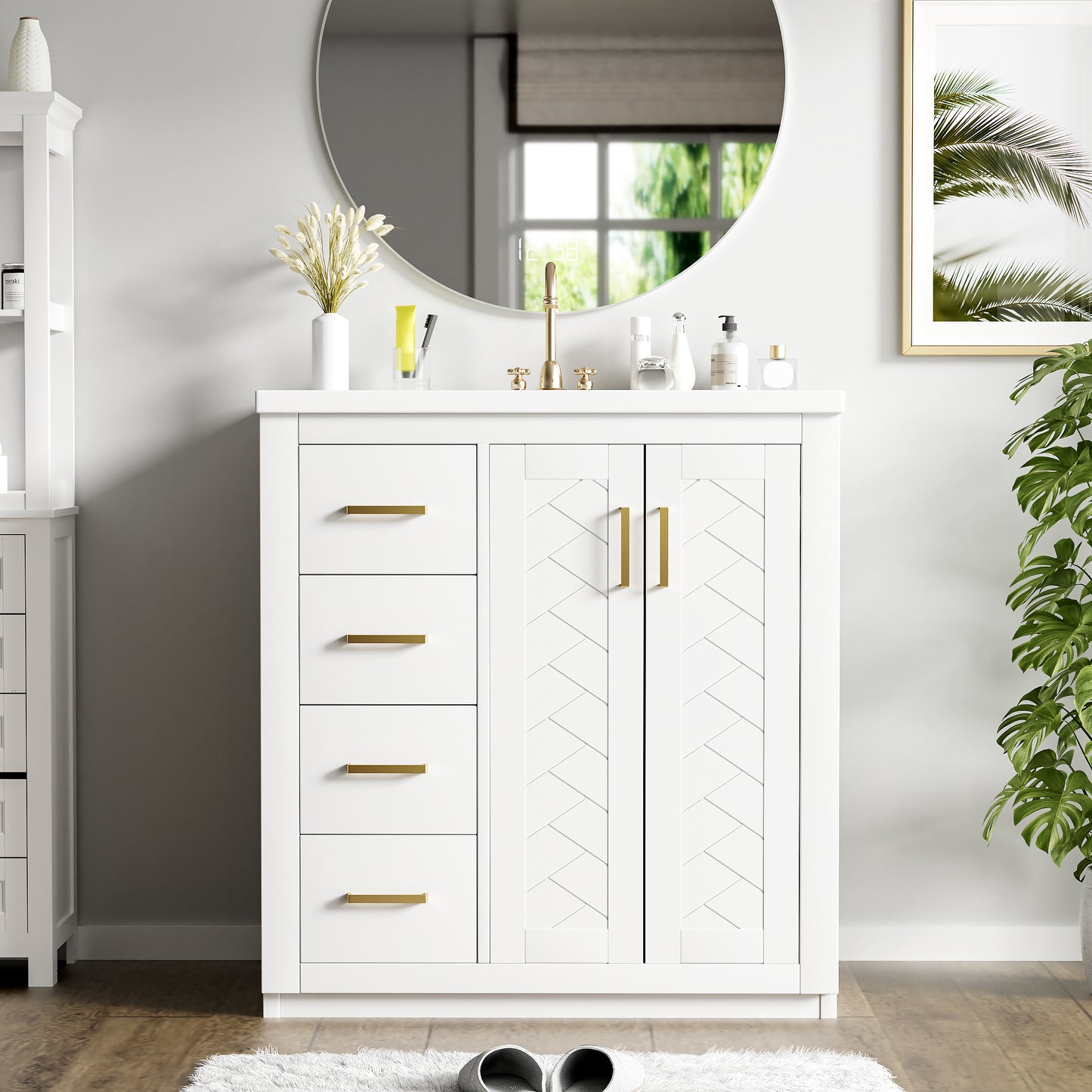 30'' Bathroom Vanity with Ceramic Sink Combo,Solid Wood Frame Bathroom Storage Cabinet, Freestanding Vanity Set with 3 Drawers& Soft Closing Doors