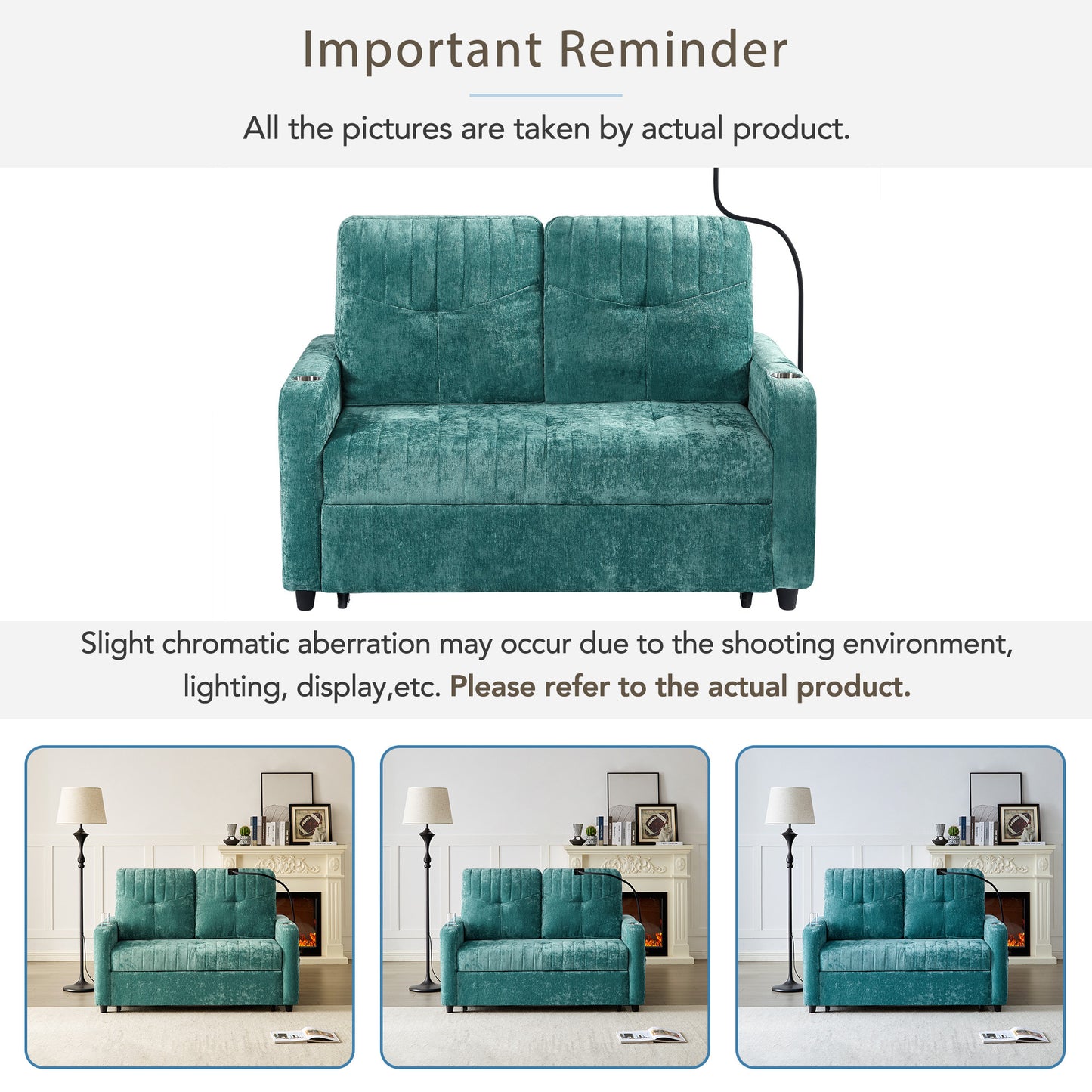 53.9" Modern Loveseat Pull-out Sofa Bed with Adjustable Backrest, Two Cup Holders , a Phone Holder, Three Charging Ports and Side Storage Pockets for Living Room, Teal