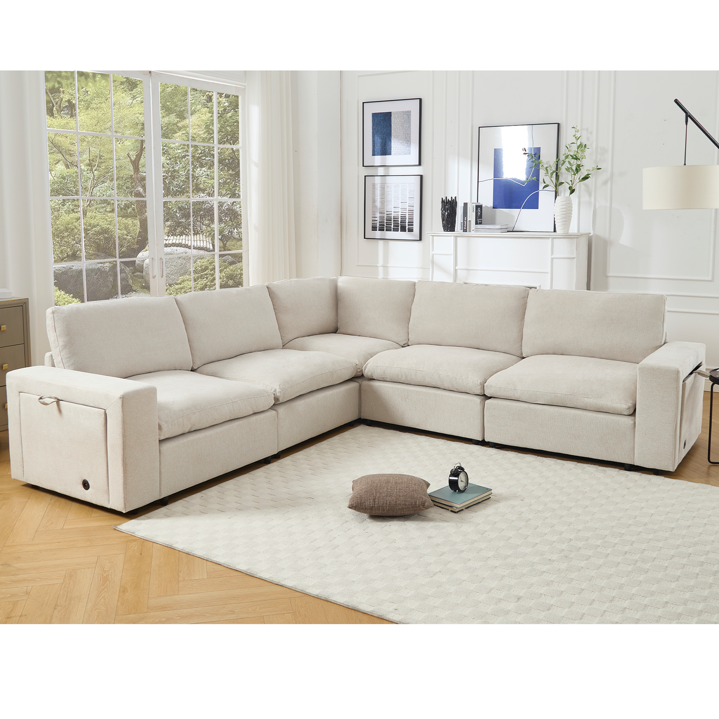 [NEW ARRIVED] [VIDEO PROVIDED]Sectional Couches For Living Room,Modular Couch,Wireless Charging Port & Cup Holders,5-seat ,DIY Combination,L-shaped Sofa,Book Storage Space,Soft Linen Fabric,Beige