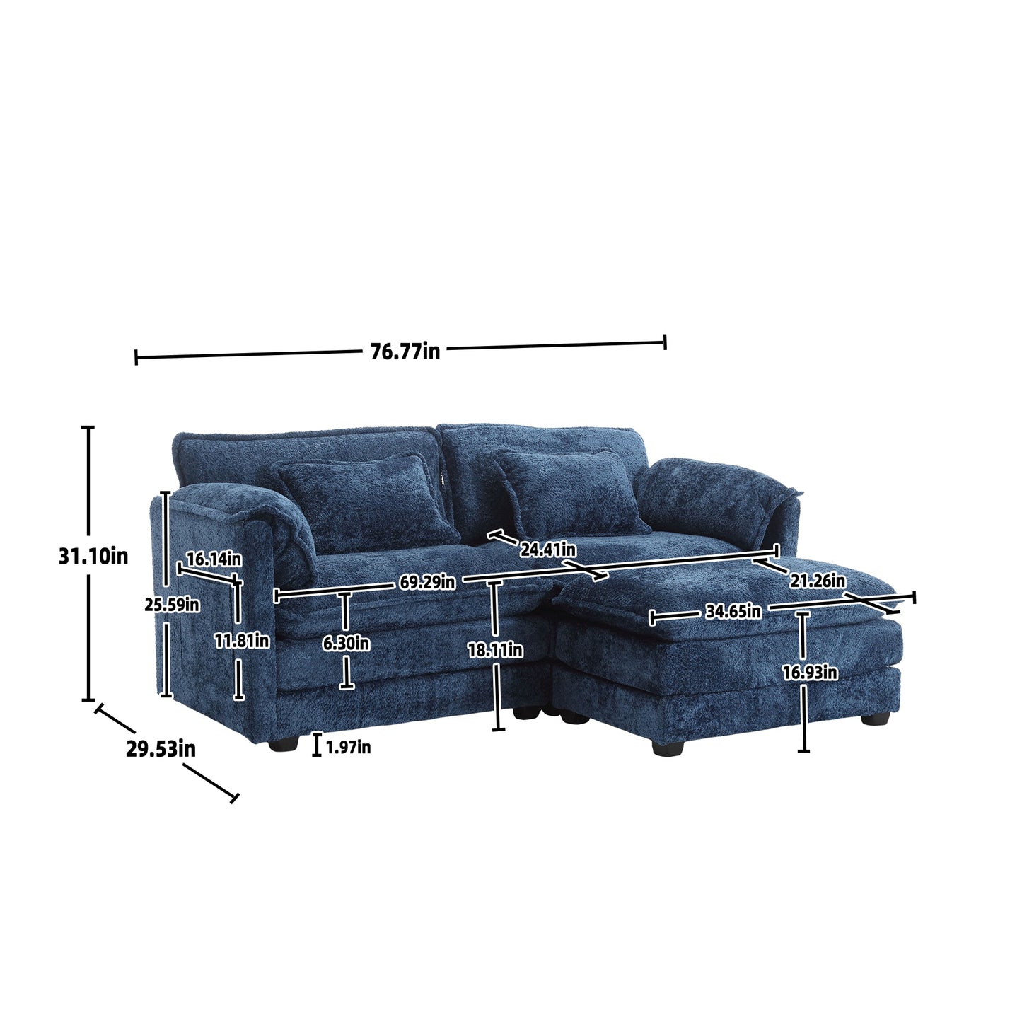 UNITED WE WIN Chenille fabric, removable armrests with side pockets, high density sponge filling, oversized double sofa with footstool