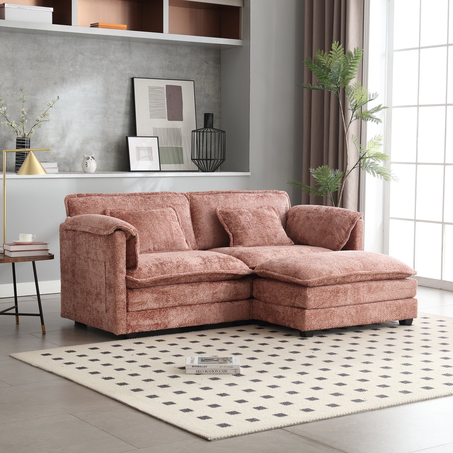 UNITED WE WIN Chenille fabric, removable armrests with side pockets, high density sponge filling, oversized double sofa with footstool