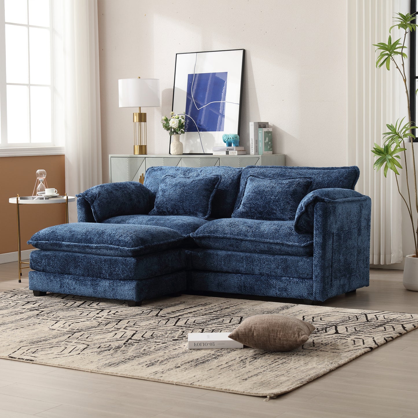 UNITED WE WIN Chenille fabric, removable armrests with side pockets, high density sponge filling, oversized double sofa with footstool