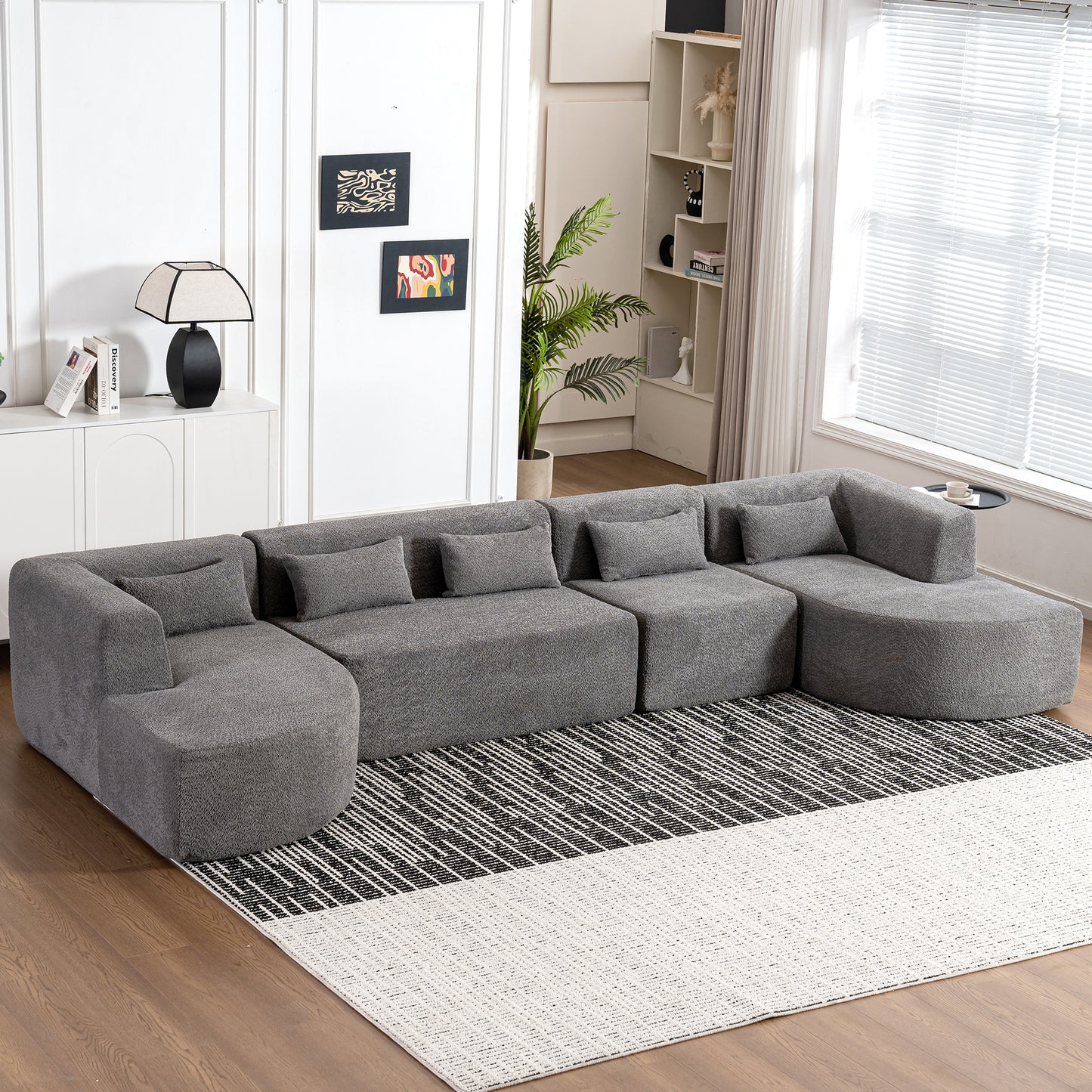 143.7" Upholstered Sofa Free-combined Sofa Couch with Two Chaise Lounge and Five Back Pillows for Living Room, Light Gray