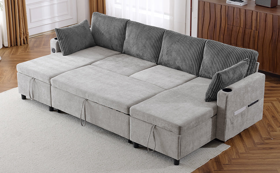 111.8" Sectional Sofa Pull-out Sofa Bed Versatile Sofa Sleeper with Large Storage Space, Two USB Ports and Two Cup Holders for Living Room, Grey