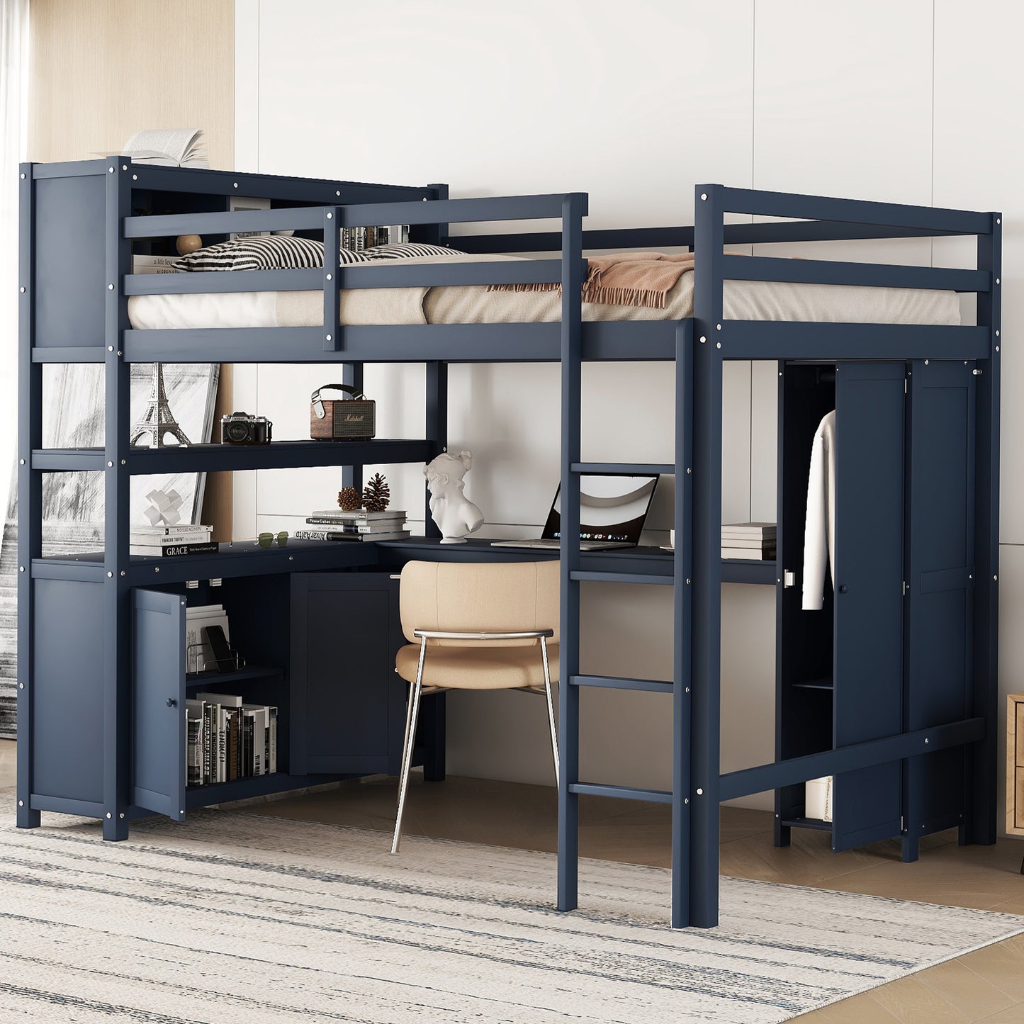 Wood Loft Bed with Cabinet and Bookshelf, Full Size Loft with Wardrobe and Desk for Kids,Dark Blue(Expect Arrival Date 2024/8/25)