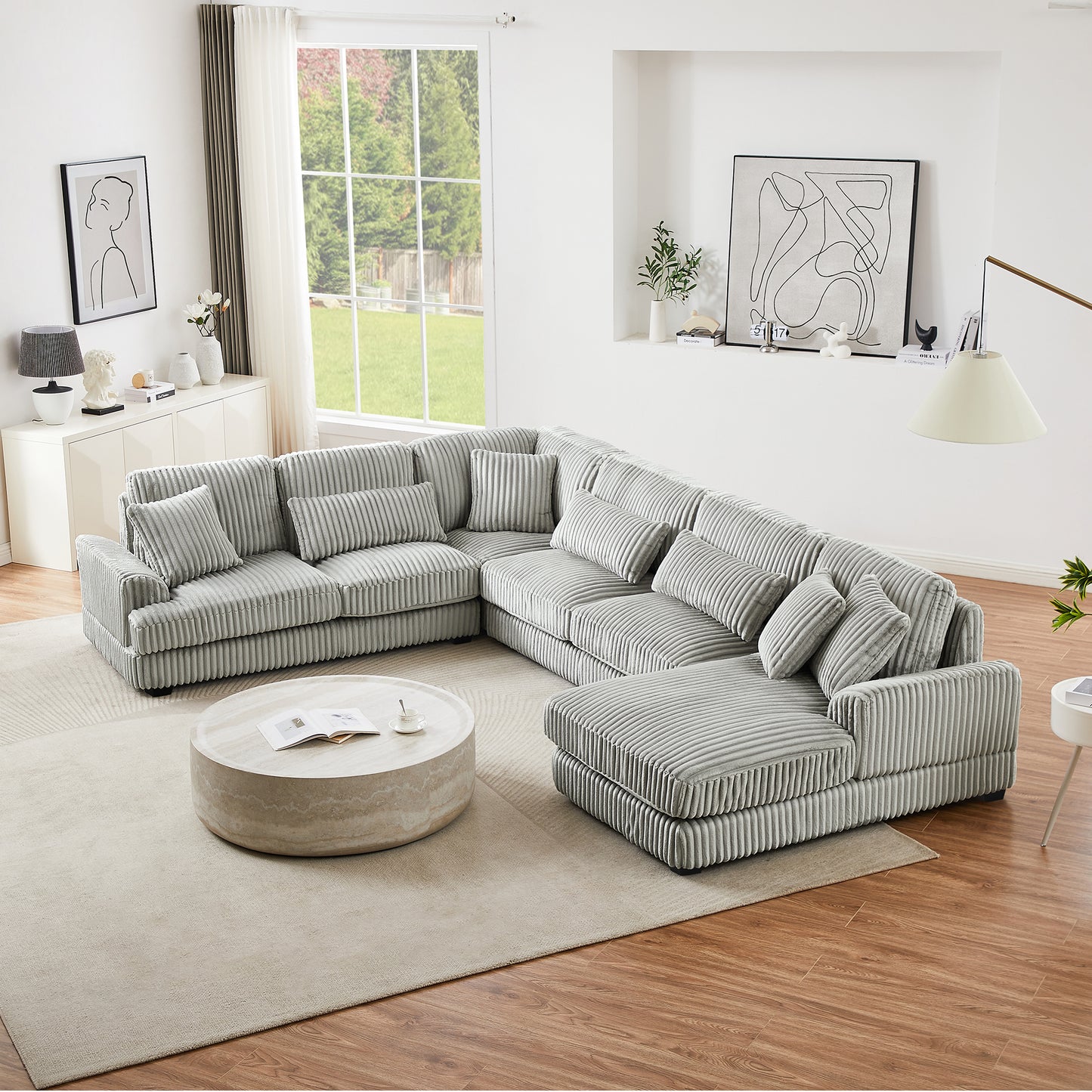 129" Oversized Sectional Sofa U-shaped Sofa Couch Modern Sofa Upholstered in Soft Corduroy with a Chaise Lounge for Living Room, Grey