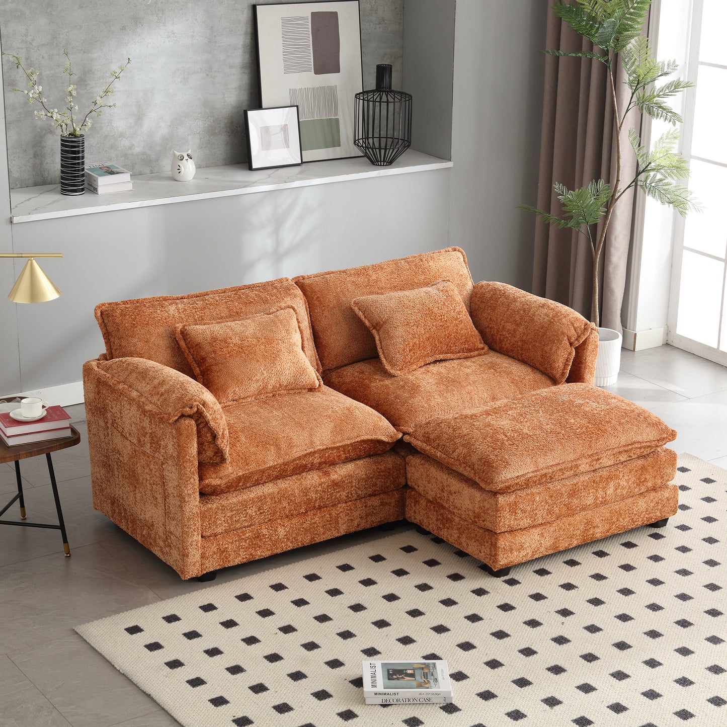 UNITED WE WIN Chenille fabric, removable armrests with side pockets, high density sponge filling, oversized double sofa with footstool