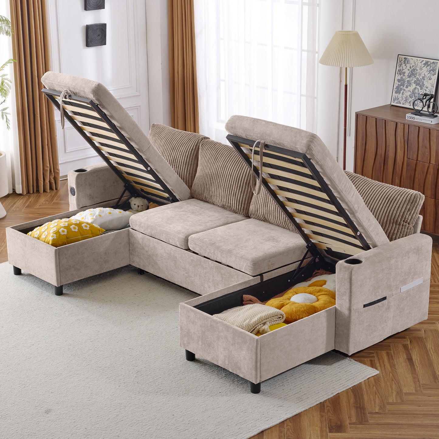 111.8" Sectional Sofa Pull-out Sofa Bed Versatile Sofa Sleeper with Large Storage Space, Two USB Ports and Two Cup Holders for Living Room, Brown