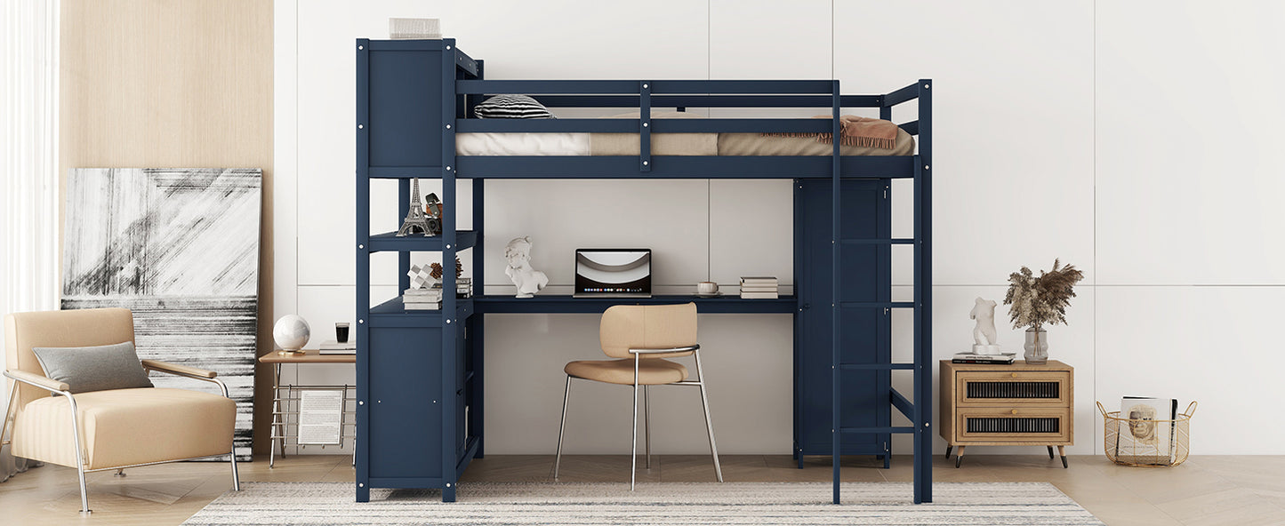 Wood Loft Bed with Cabinet and Bookshelf, Full Size Loft with Wardrobe and Desk for Kids,Dark Blue(Expect Arrival Date 2024/8/25)