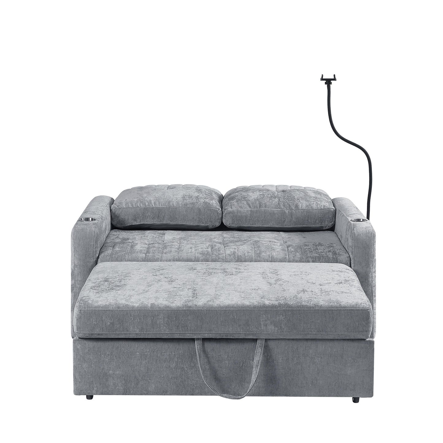 53.9" Modern Loveseat Pull-out Sofa Bed with Adjustable Backrest, Two Cup Holders , a Phone Holder, Three Charging Ports and Side Storage Pockets for Living Room, Grey