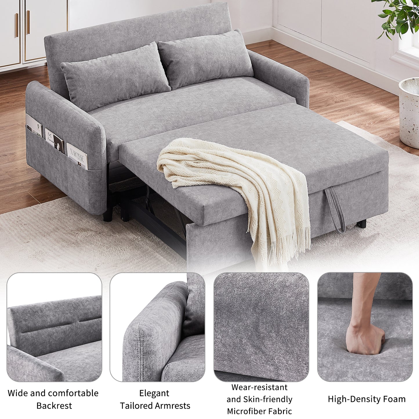 55.1" Pull Out Sleep Sofa Bed Loveseats Sofa Couch with Adjsutable Backrest, Storage Pockets, 2 Soft Pillows, USB Ports for Living Room, Bedroom, Apartment, Office,Grey (Old SKU:WF315689AAE)