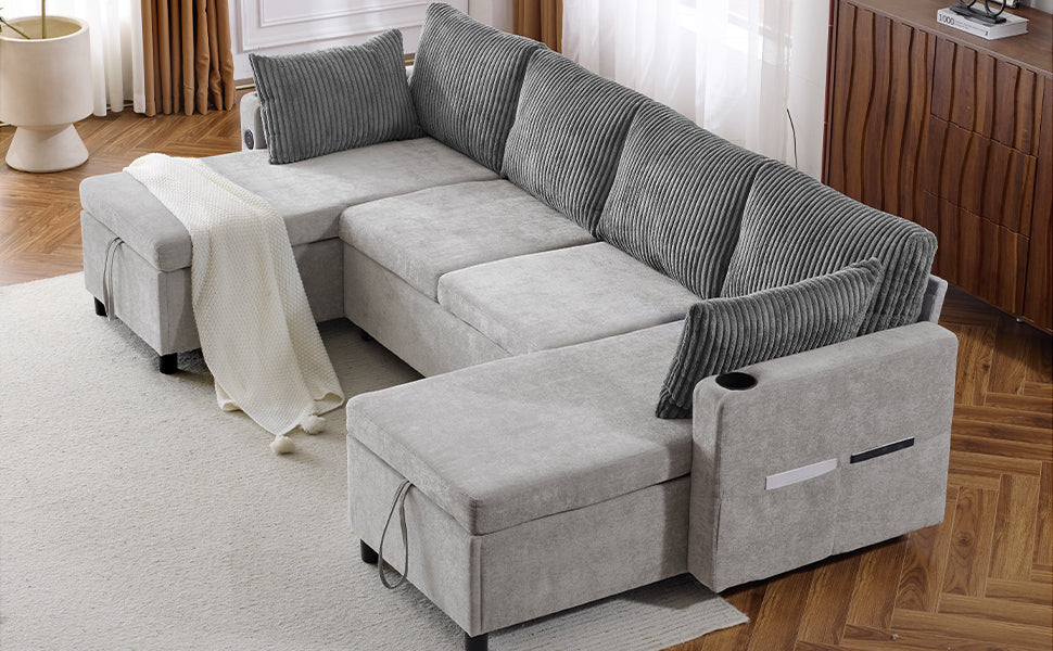 111.8" Sectional Sofa Pull-out Sofa Bed Versatile Sofa Sleeper with Large Storage Space, Two USB Ports and Two Cup Holders for Living Room, Grey