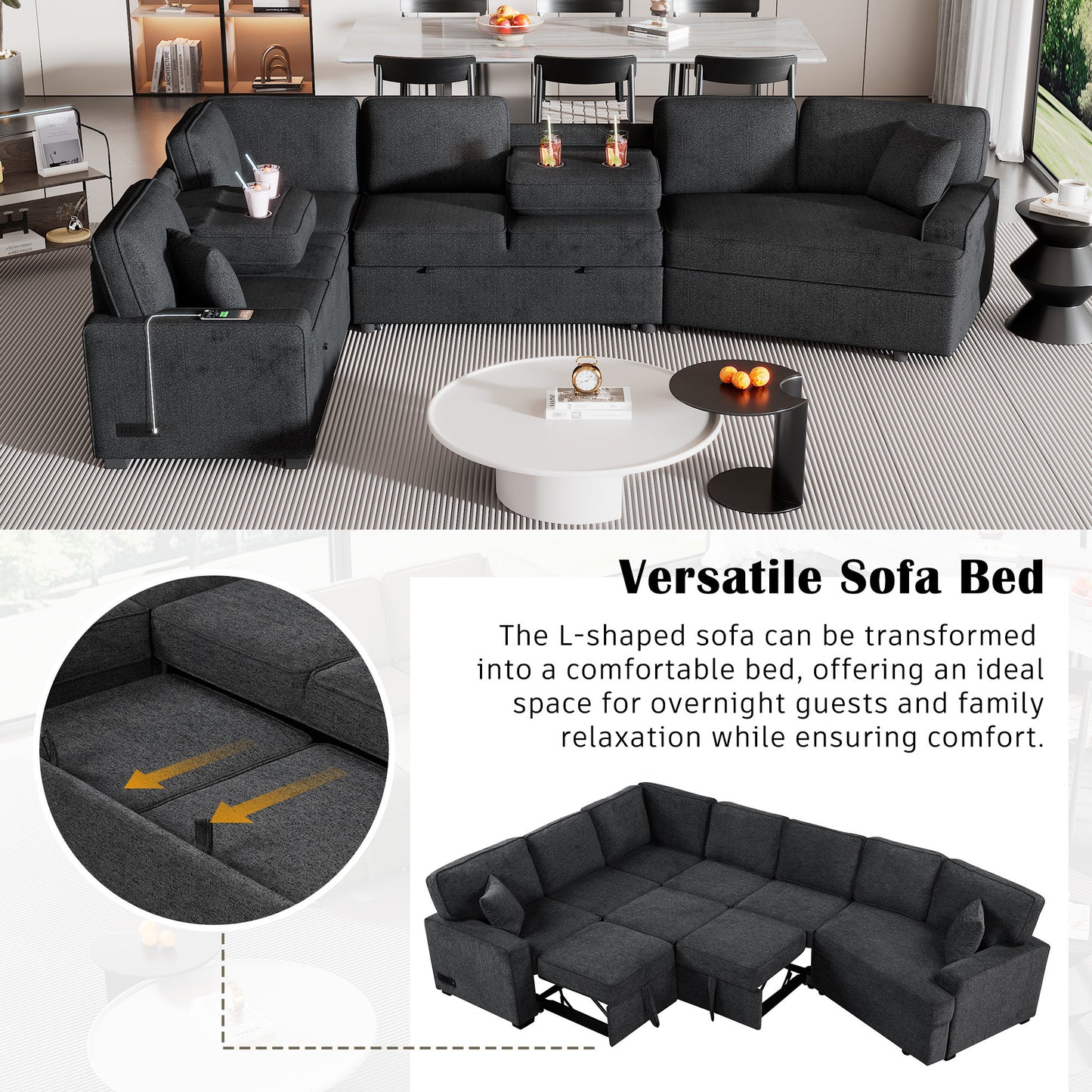 126" L-shaped Sofa Sectional Sofa Couch Pull-out Sofa Bed with Charging Devices and Cup Holders for Living Room, Blue Black