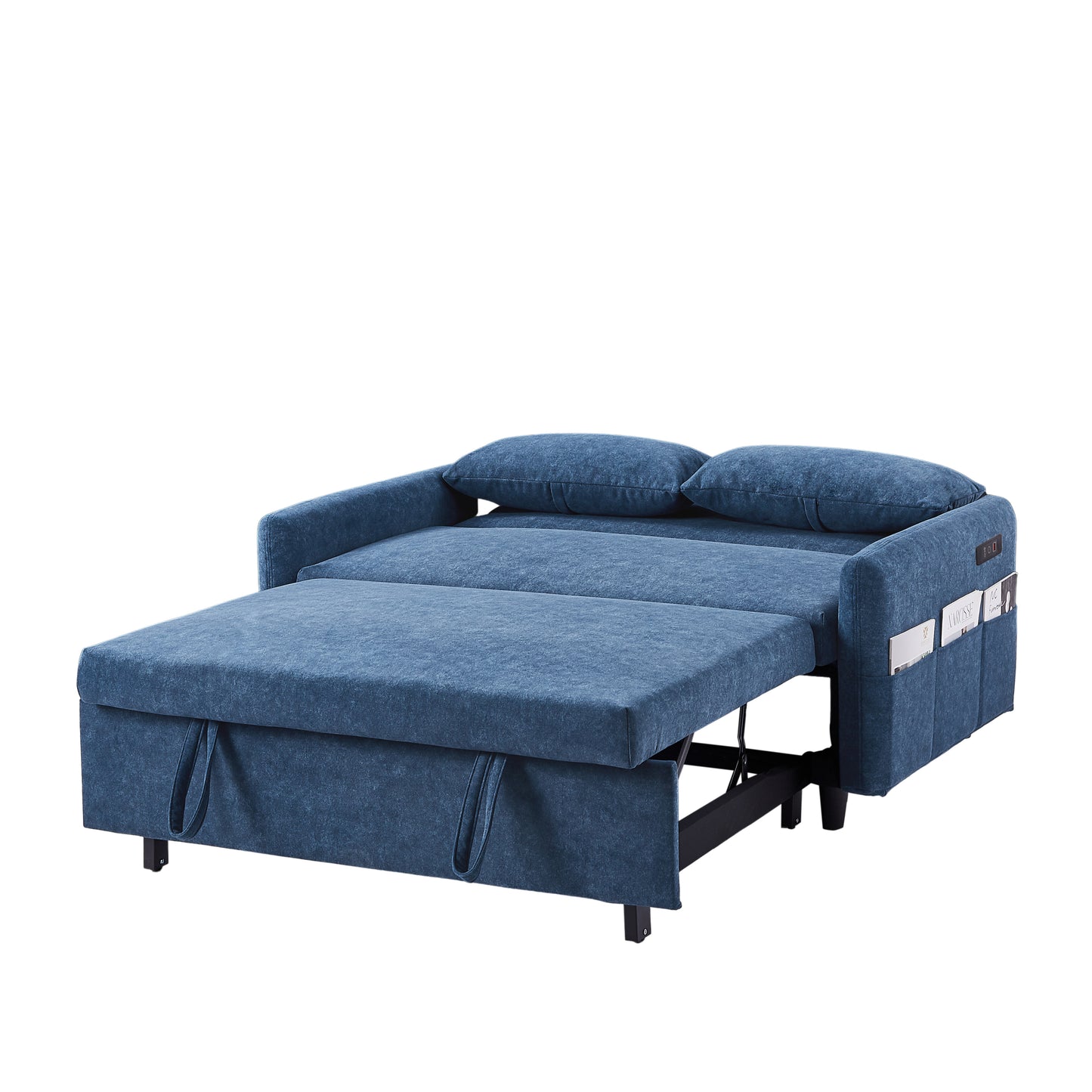 55.1" Pull Out Sleep Sofa Bed Loveseats Sofa Couch with Adjsutable Backrest, Storage Pockets, 2 Soft Pillows, USB Ports for Living Room, Bedroom, Apartment, Office, Blue (Old SKU: WF315689AAC)