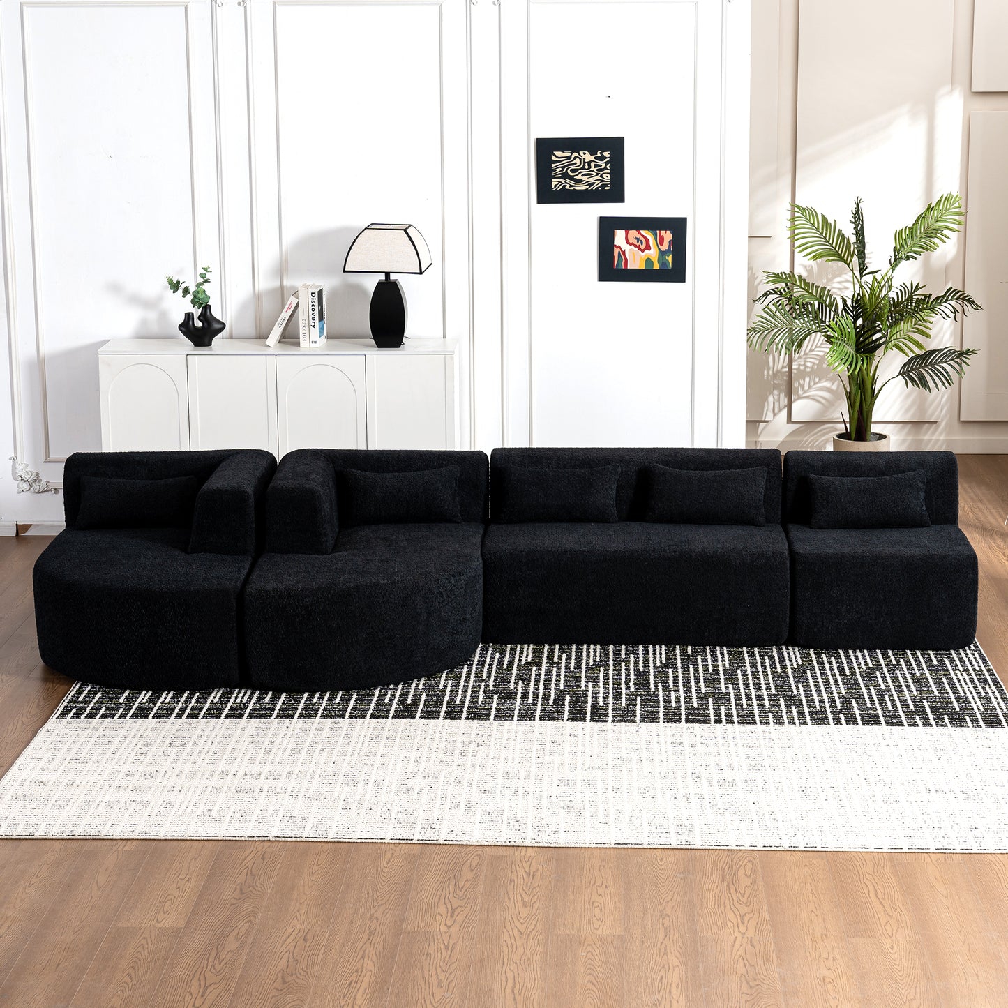 143.7" Upholstered Sofa Free-combined Sofa Couch with Two Chaise Lounge and Five Back Pillows for Living Room, Black