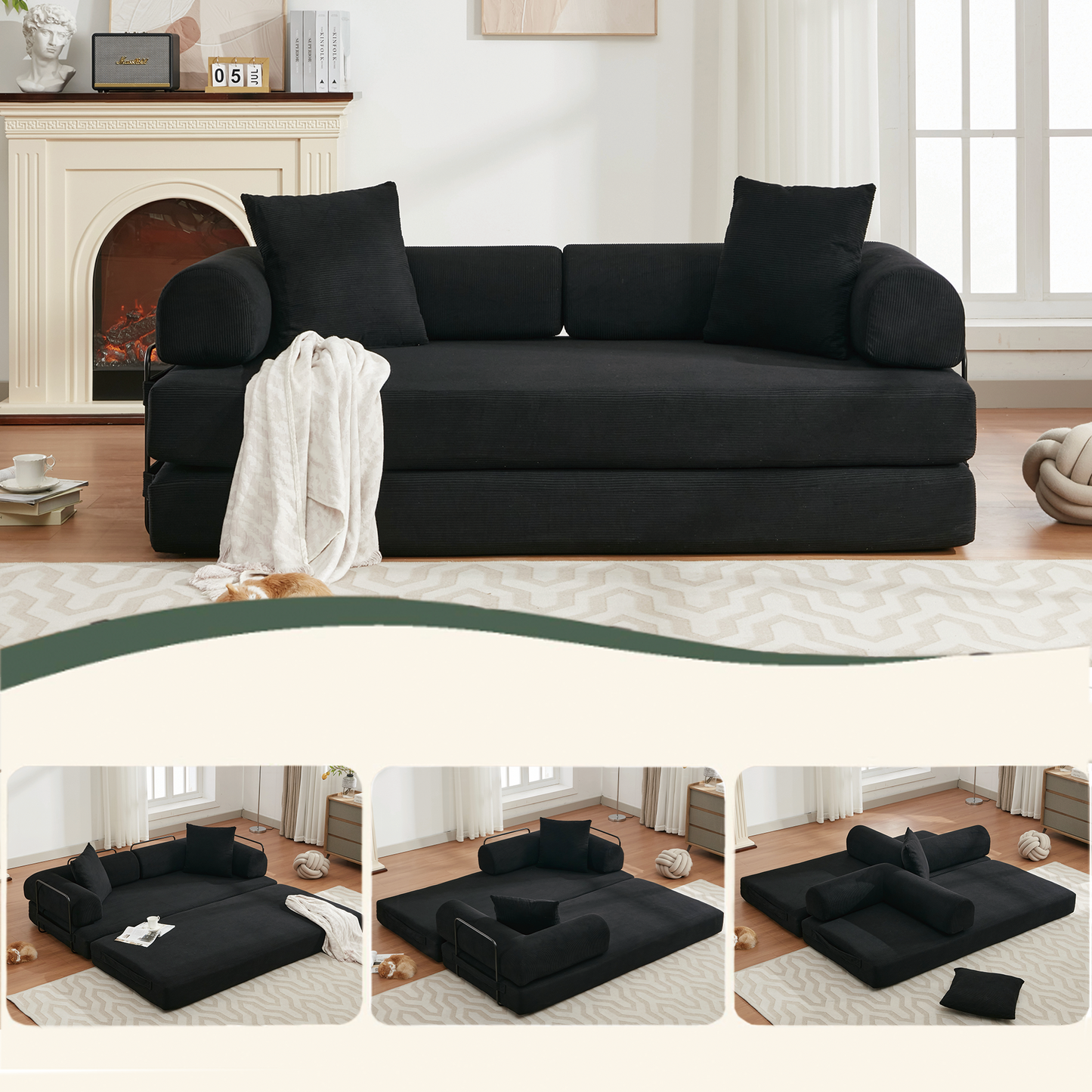 [NEW ARRIVED] [VIDEO PROVIDED] 78.5" Folding Convertible Out Sleeper Sofa Bed,4-in-1 DIY Combination Convertible Sofa,3 seat, Folding  Sofa, King Size , Bedroom,Apartment,Corduroy,Green,Black