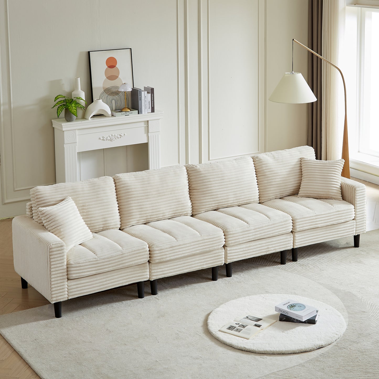 122.5-Inch Oversized U-Shaped Modular Sofa, Corduroy Fabric Sofa, Living Room Sectional Sofa with 2 Pillows, Two ottoman, plastic leg, Beige