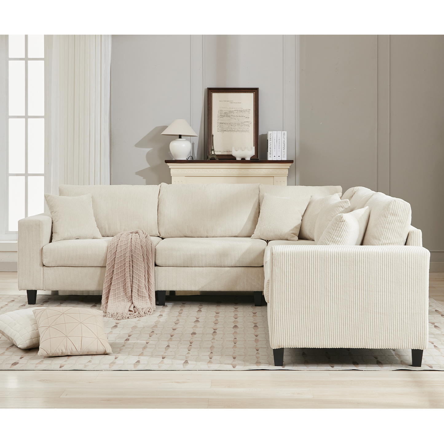 [NEW PACKAGING UPGRADE]Oversized Modular Sectional Sofa Set, L Shaped Couch,Corduroy ,Upholstered,Deep Seat,,5 Seat,5 Throw pillow and 6 back cushion,Living Room, Apartment ,Beige