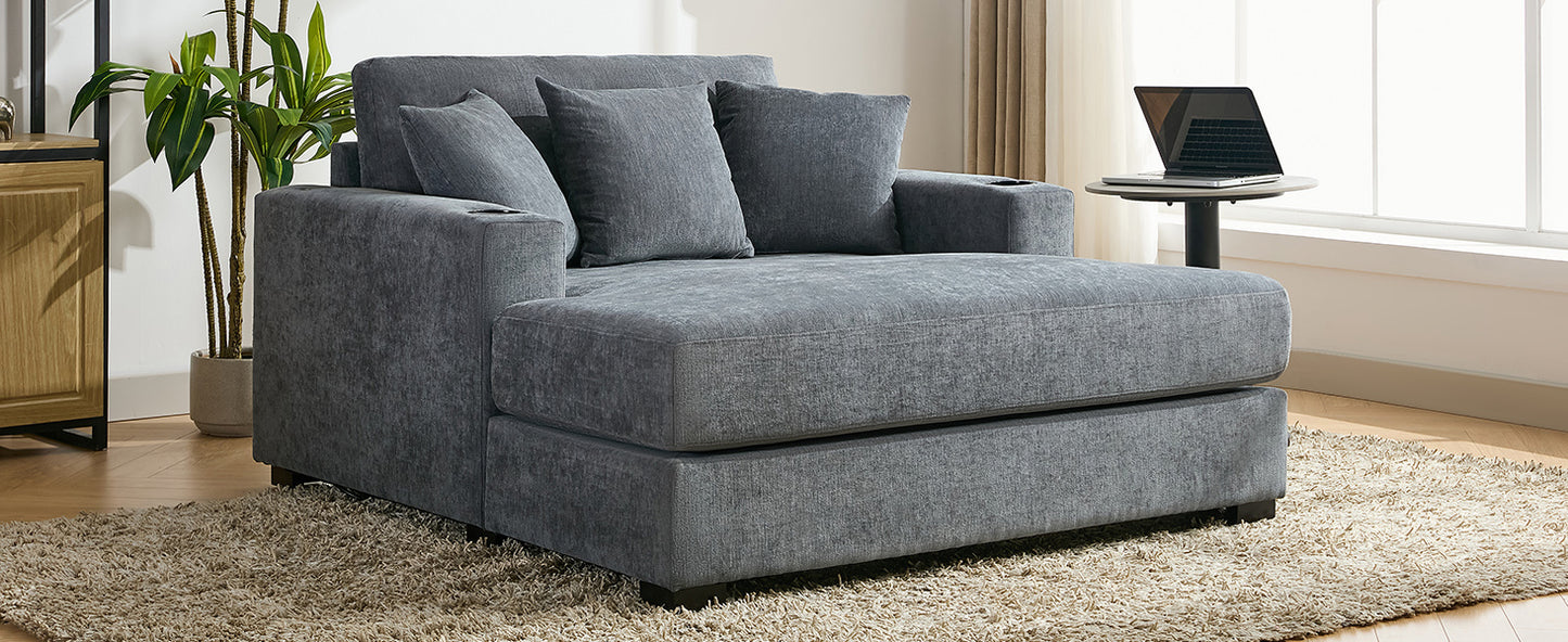 55" Oversized Chaise Lounger Modern Style Sofa Couch ,with Pillows, Charge Station & Cup Holders, Chenille Fabric, Blue Gray