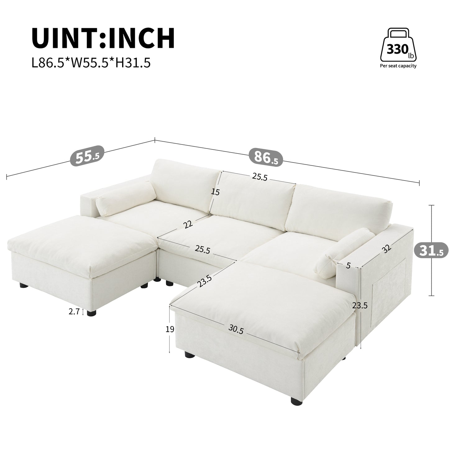 [VIDEO provided][New]86.5''Chenille Sectional Sofa with Storage Pockets, 5 Seat U Shaped Sleeper Couch Set,2 PIC Free Combination,Convertible Sofa Bed with Ottoman for Living Room,Apartment,3 Colors