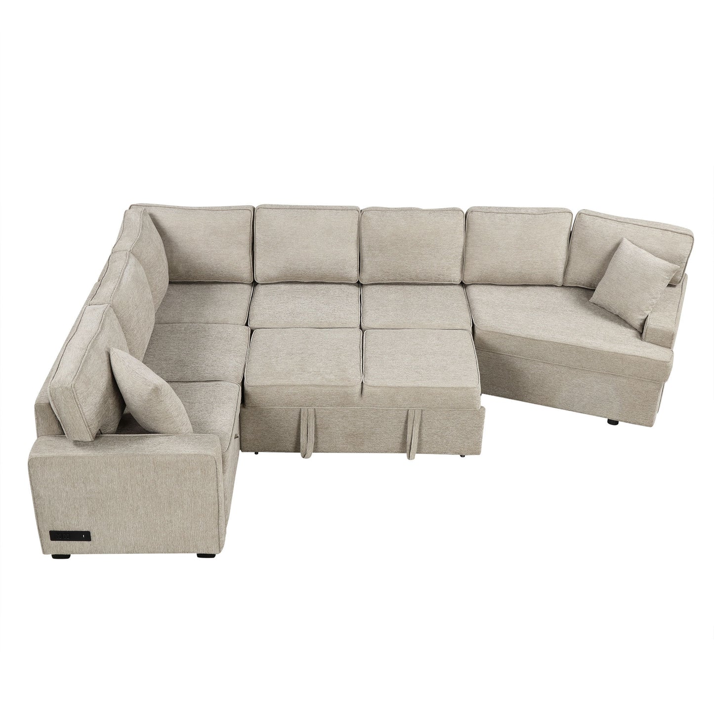 126" L-shaped Sofa Sectional Sofa Couch Pull-out Sofa Bed with Charging Devices and Cup Holders for Living Room, Beige