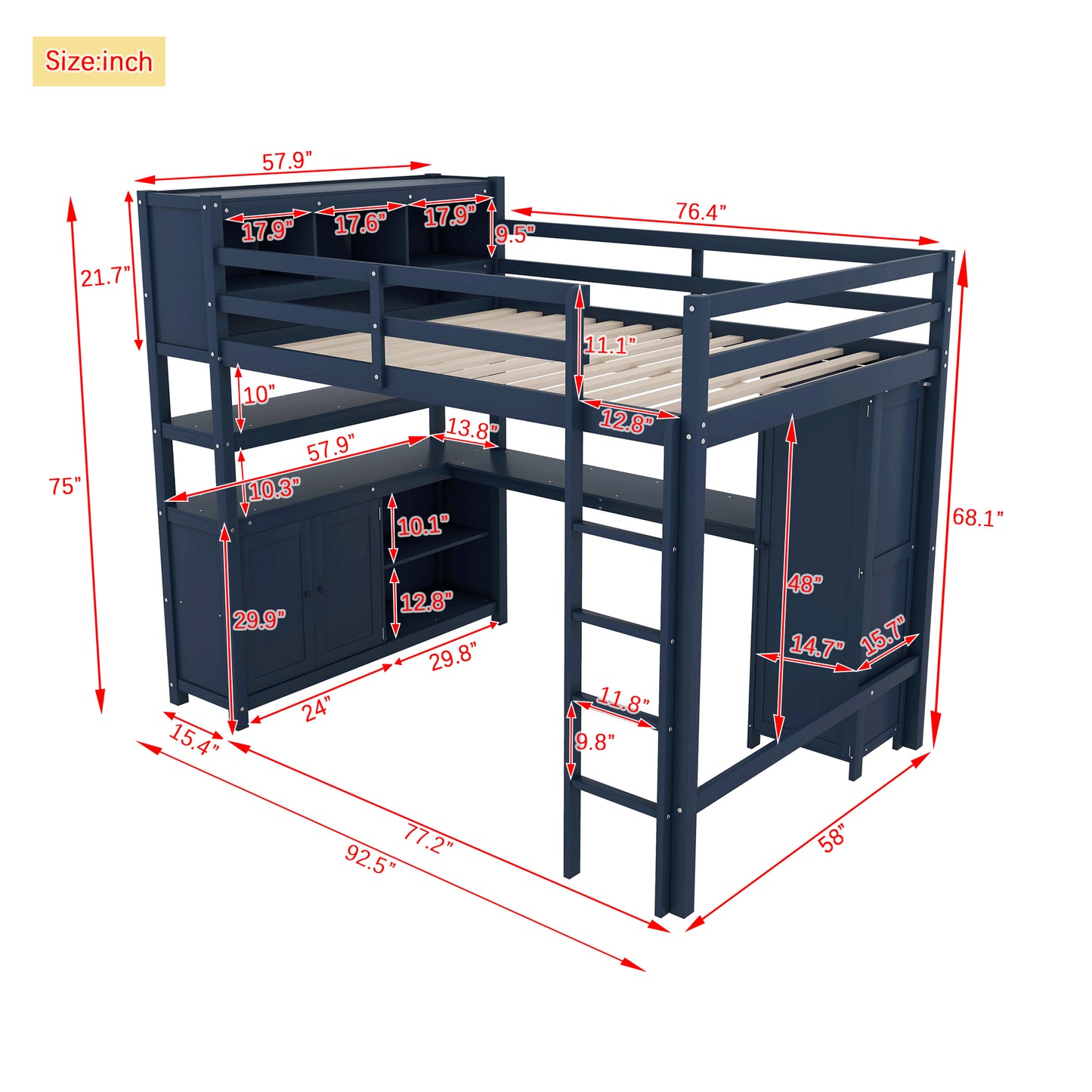 Wood Loft Bed with Cabinet and Bookshelf, Full Size Loft with Wardrobe and Desk for Kids,Dark Blue(Expect Arrival Date 2024/8/25)