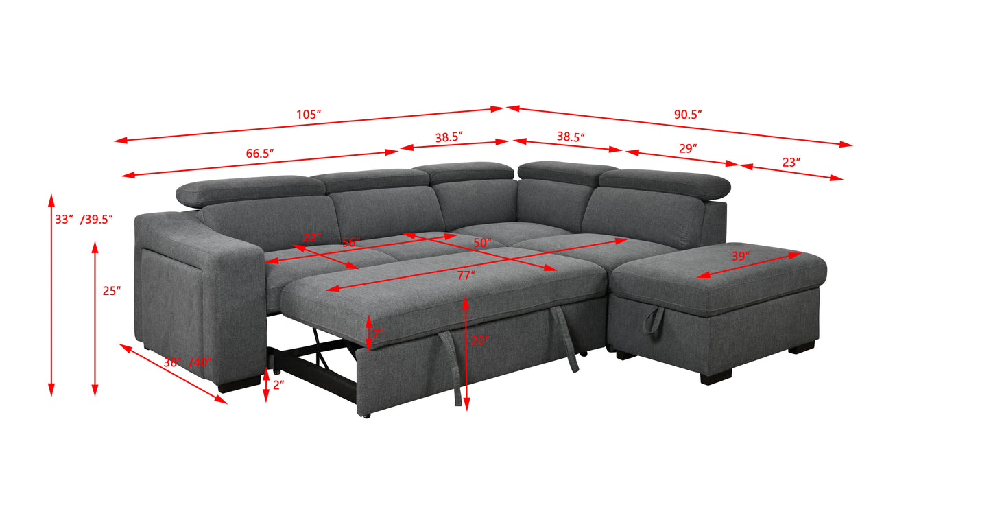 105"L-Shape Sectional Sofa with Pull-Out Bed and Ottoman Storage Space, Convertible Sleeper Couch, Arm with 1 Cup Holders and Wirelessly Charged, for Living Room, Apartment, Dark Gray