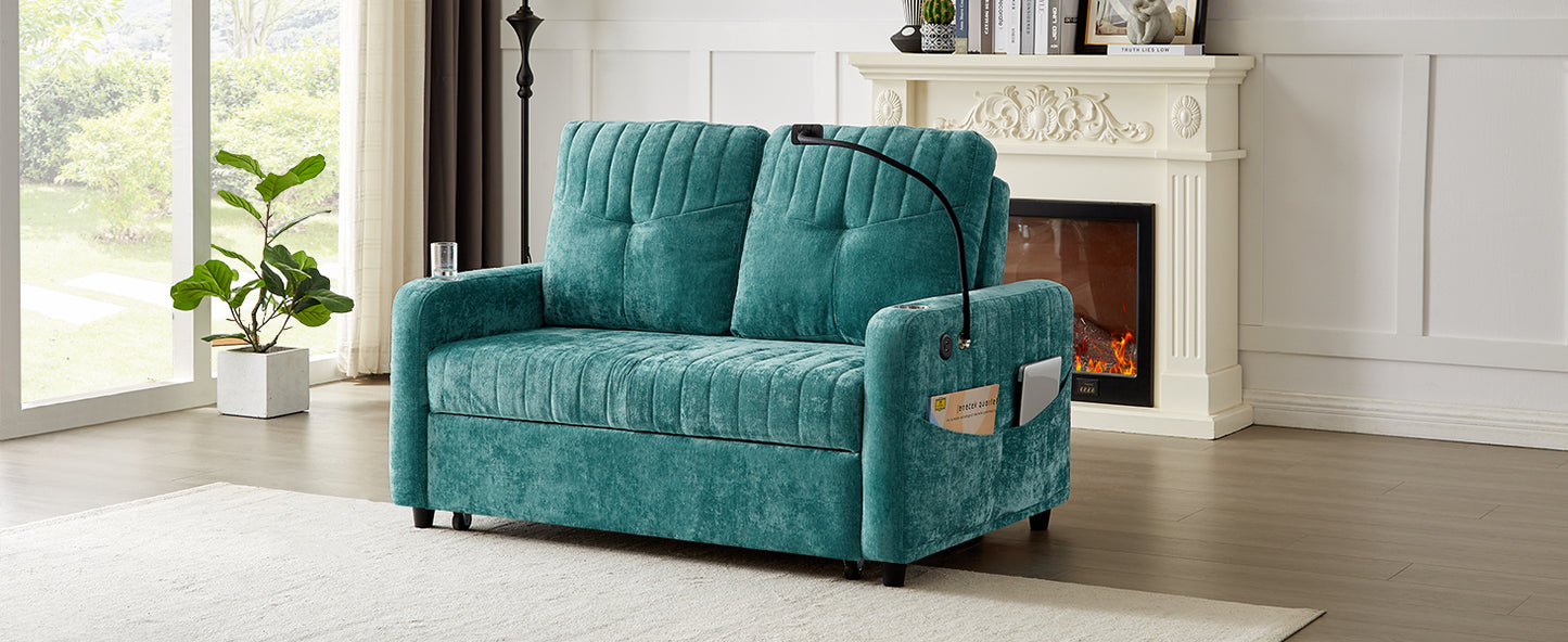 53.9" Modern Loveseat Pull-out Sofa Bed with Adjustable Backrest, Two Cup Holders , a Phone Holder, Three Charging Ports and Side Storage Pockets for Living Room, Teal