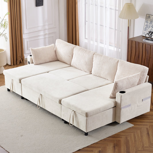 111.8" Sectional Sofa Pull-out Sofa Bed Versatile Sofa Sleeper with Large Storage Space, Two USB Ports and Two Cup Holders for Living Room, Beige