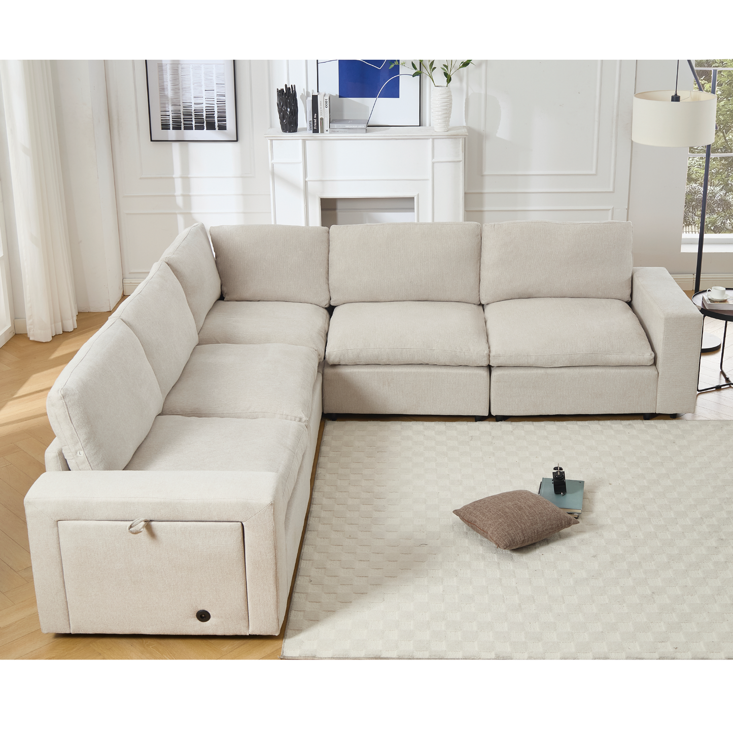 [NEW ARRIVED] [VIDEO PROVIDED]Sectional Couches For Living Room,Modular Couch,Wireless Charging Port & Cup Holders,5-seat ,DIY Combination,L-shaped Sofa,Book Storage Space,Soft Linen Fabric,Beige