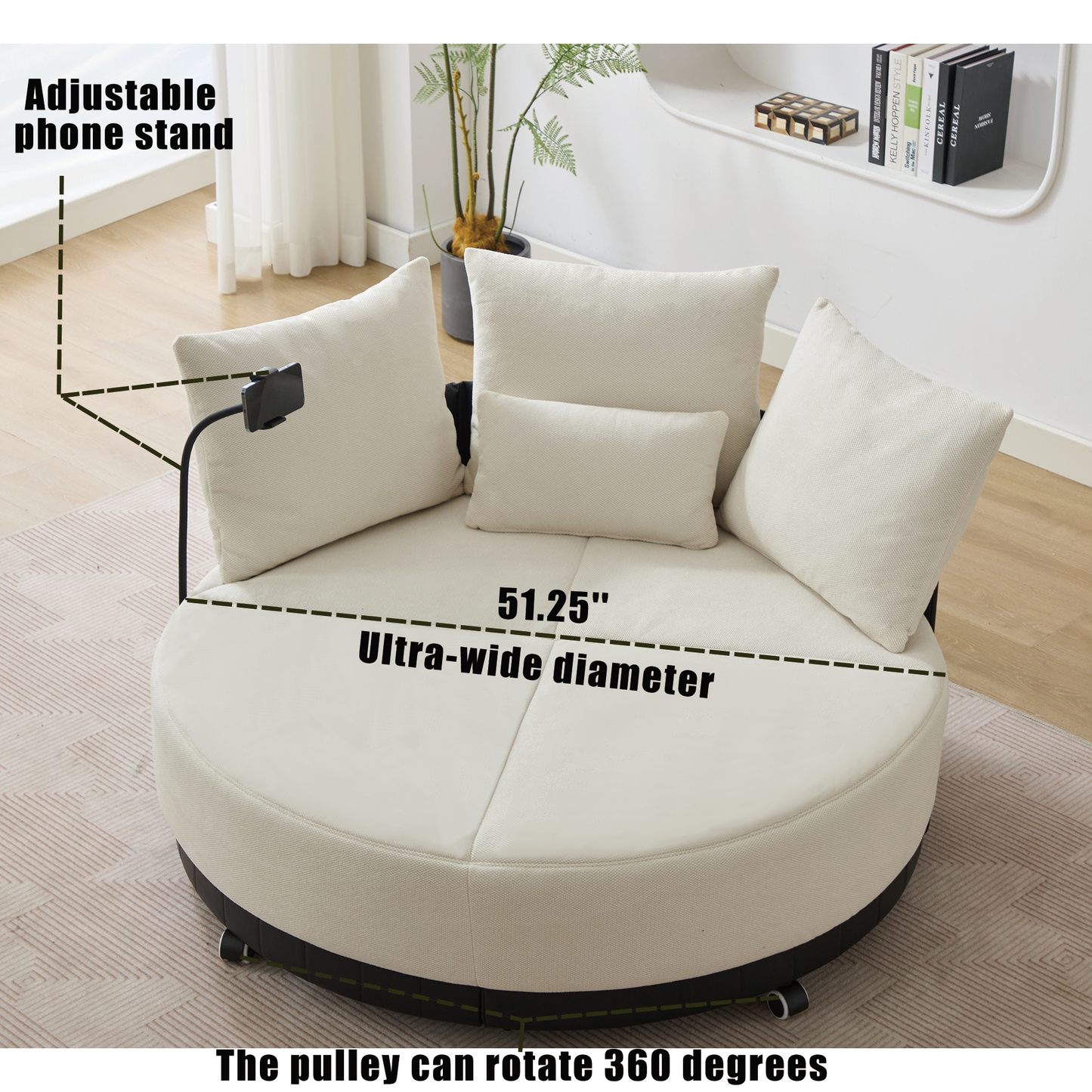 [NEW ARRIVED] [VIDEO PROVIDED]52.75'' Oversized Round Swivel  Chair,360° Swivel Chair, Couples chair,Adjustable phone stand,Swivel Chair,Rotating pulley,Polyester(Anti-Wrinkle),Beige