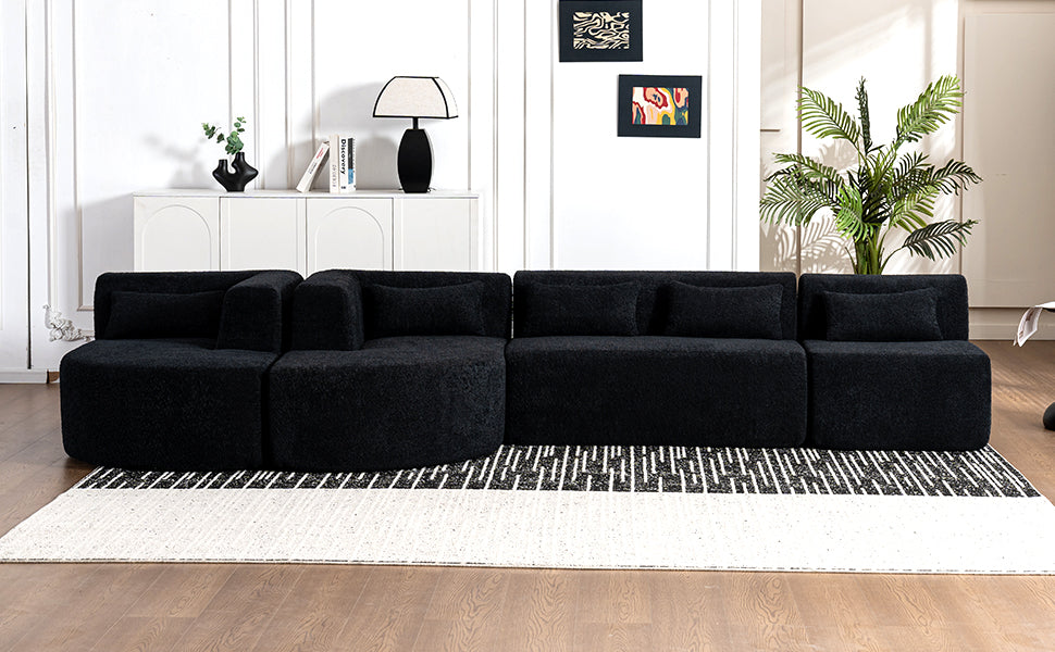 143.7" Upholstered Sofa Free-combined Sofa Couch with Two Chaise Lounge and Five Back Pillows for Living Room, Black