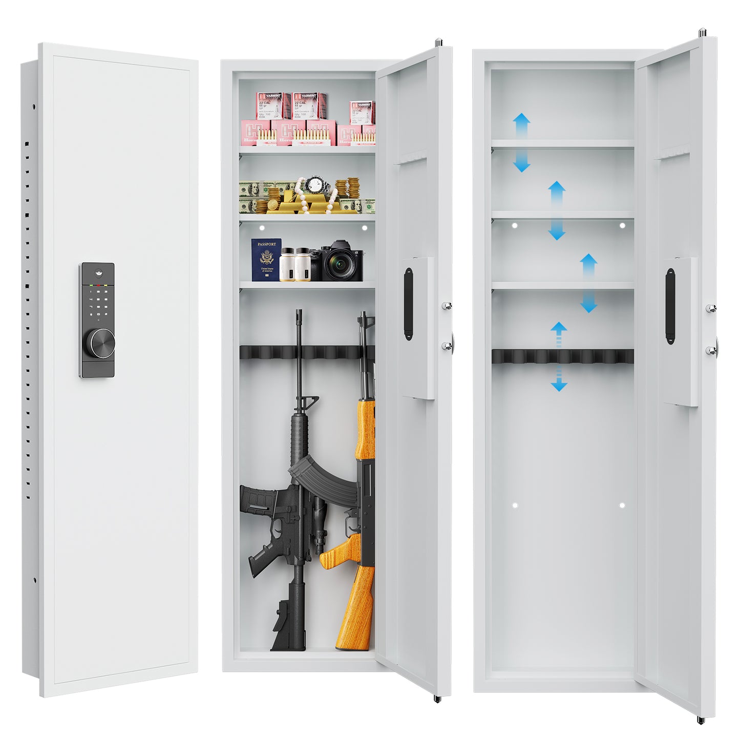 53" Passwod Touch Panel In-Wall Safe,Hidden Wall Gun Safe for Rifles with Adjustable Shelves,Assembled Storage Multifunctional Wall Safe for Firearm and Valuables (White-Digital)