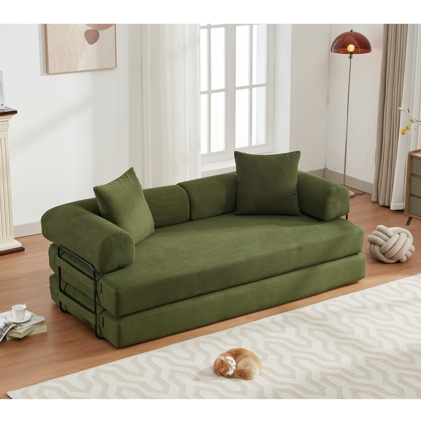 [NEW ARRIVED] [VIDEO PROVIDED] 78.5" Folding Convertible Out Sleeper Sofa Bed,4-in-1 DIY Combination Convertible  Sofa, 3 seat, Folding Sleeper Sofa, King Size , Bedroom,Apartment,Corduroy,Green