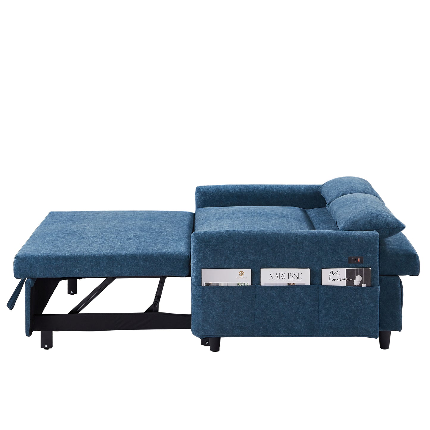 55.1" Pull Out Sleep Sofa Bed Loveseats Sofa Couch with Adjsutable Backrest, Storage Pockets, 2 Soft Pillows, USB Ports for Living Room, Bedroom, Apartment, Office, Blue (Old SKU: WF315689AAC)