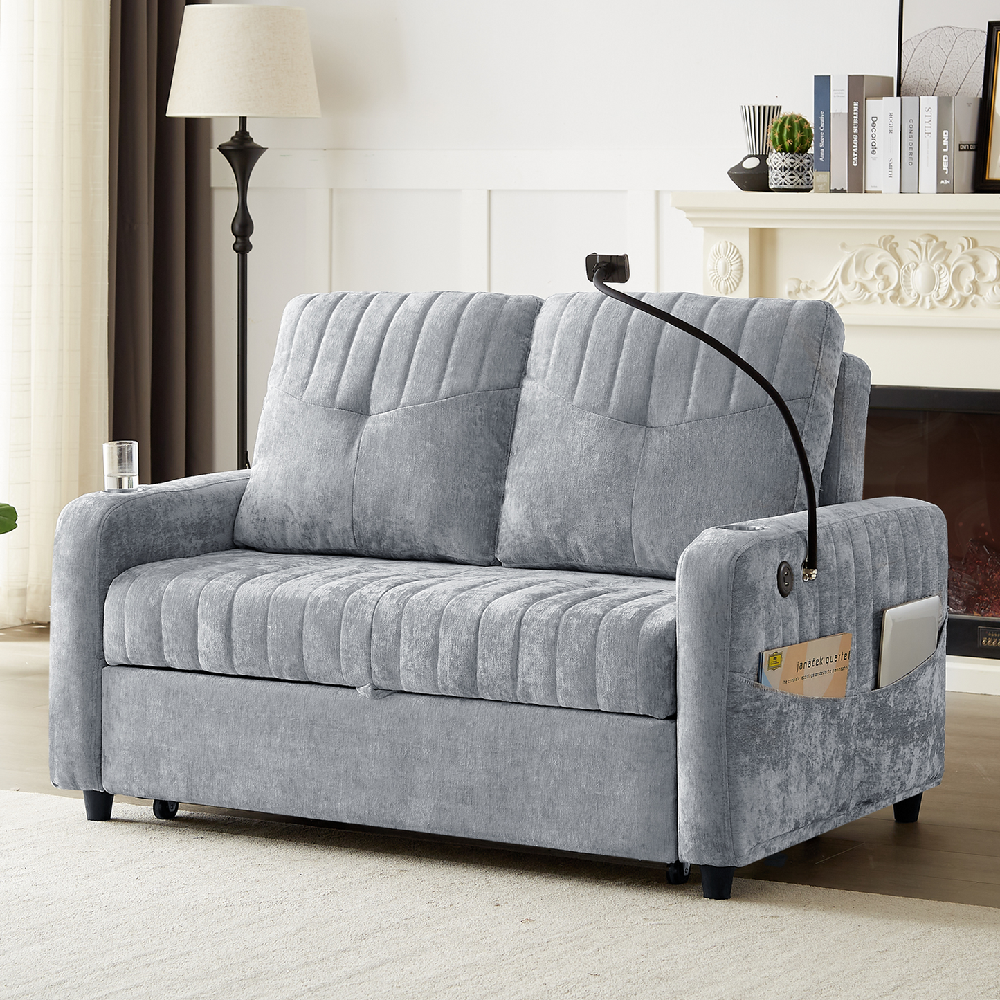 53.9" Modern Loveseat Pull-out Sofa Bed with Adjustable Backrest, Two Cup Holders , a Phone Holder, Three Charging Ports and Side Storage Pockets for Living Room, Grey