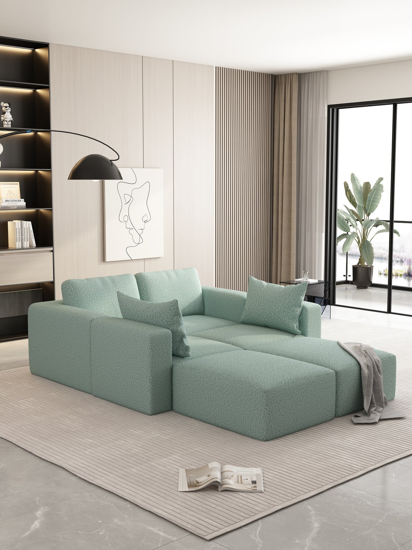 104.32*74.8 Modular Sectional Sofa Sleeper Couch, Sectional Sofa with Chaise and Ottoman, Convertible U Shaped Modular Sofa Set. Compressed spon, Light Green (Combo 2A+2B+2D)