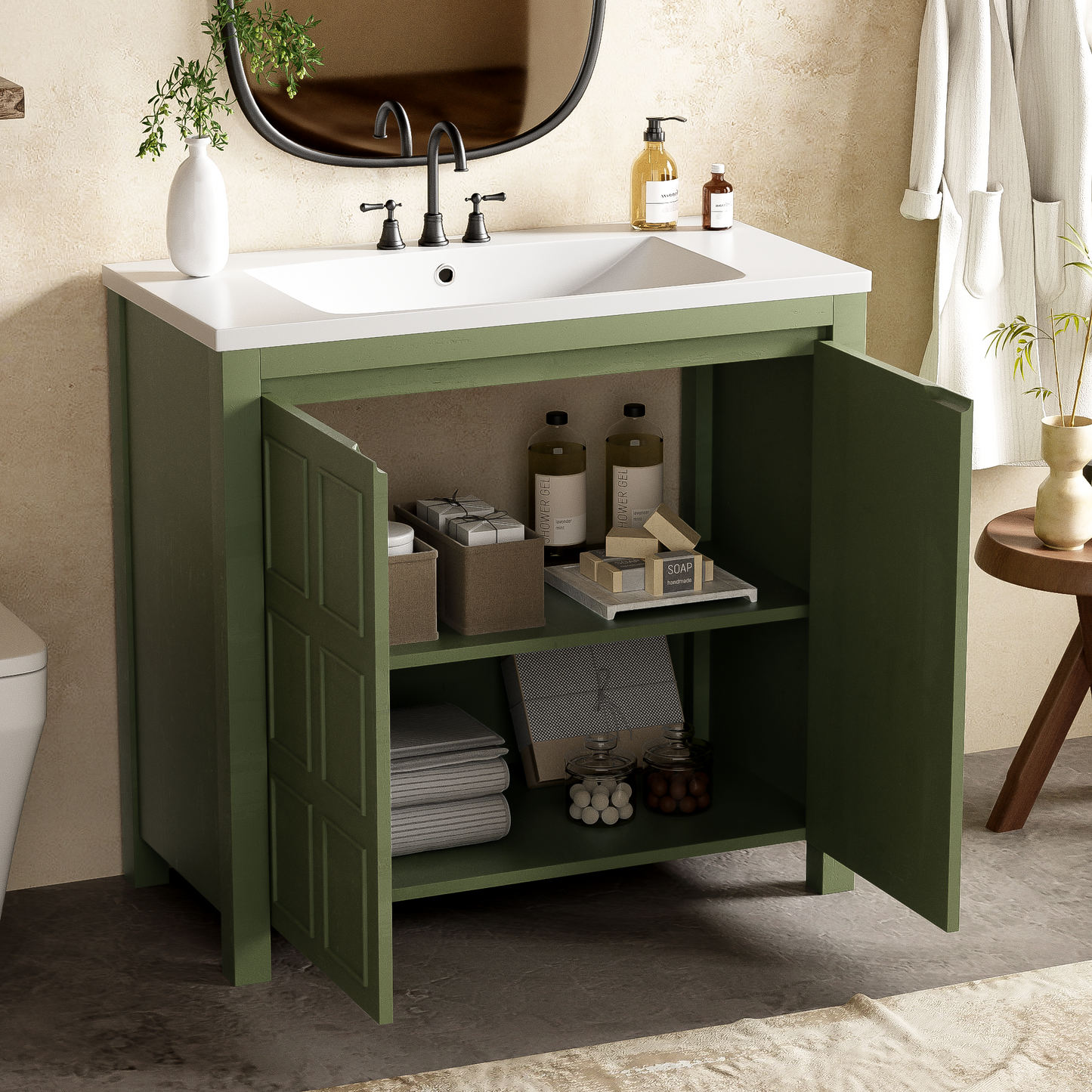 36" Bathroom Vanity Organizer with Sink, Combo Cabinet Set, Bathroom Storage Cabinet, Olive Green