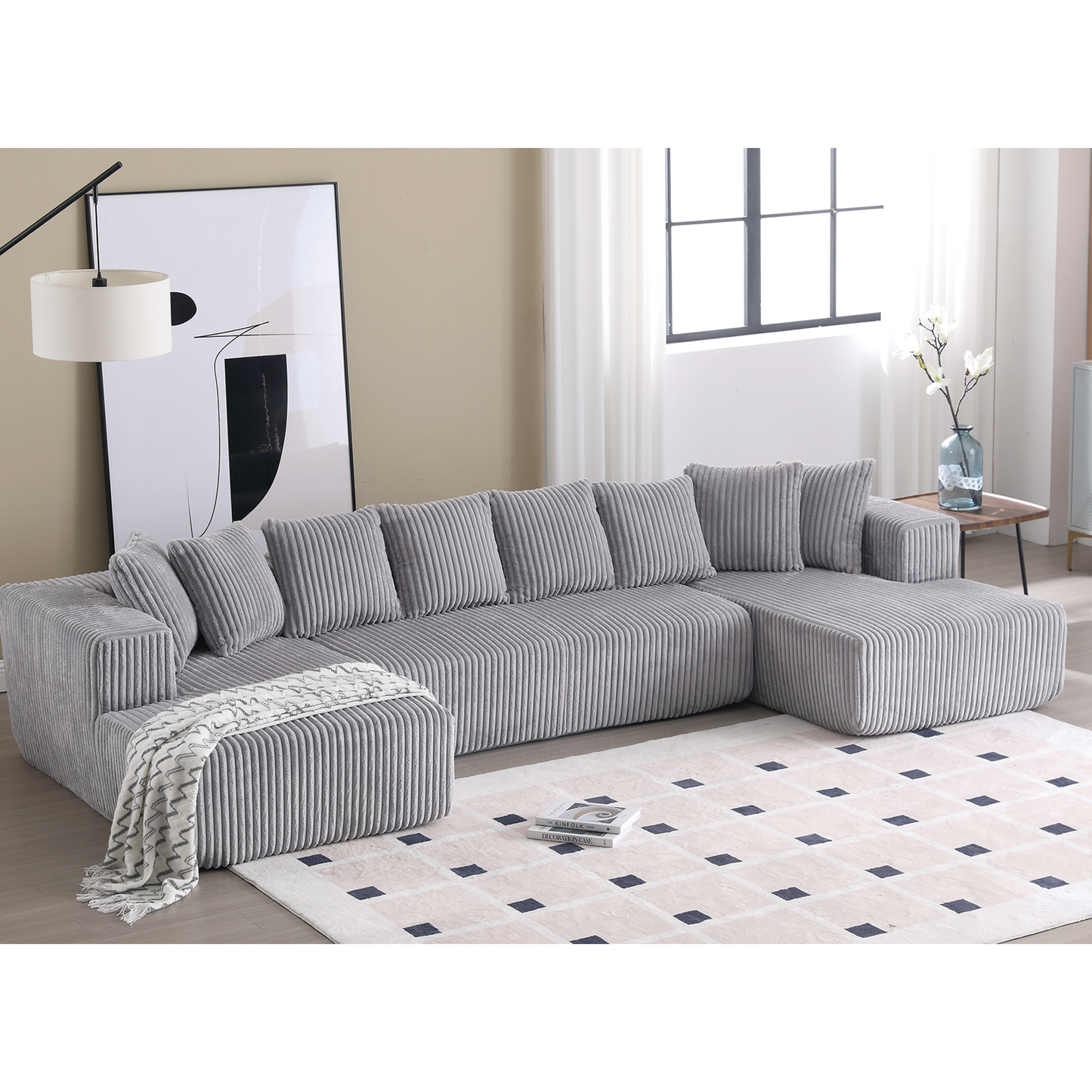 [NEW ARRIVED] [VIDEO PROVIDED]131'' Modular Sectional Couch, U-shaped sofa , Chaise Lounge, Striped fabric,Upholstered 4 Seater Couch for Living Room, Bedroom, Free Combination Sofa (Corduroy), Gray