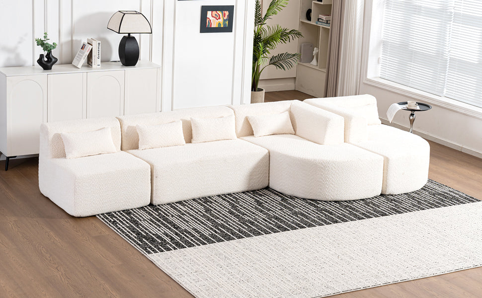 143.7" Upholstered Sofa Free-combined Sofa Couch with Two Chaise Lounge and Five Back Pillows for Living Room, Beige