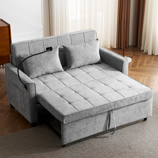 56.9" Loveseat Sofa Pull-out Sofa Bed Sleeper Sofa with a Reversible Backrest Cushion, Side Pockets, Two USB Ports and a Phone Holder for Living Room, Grey