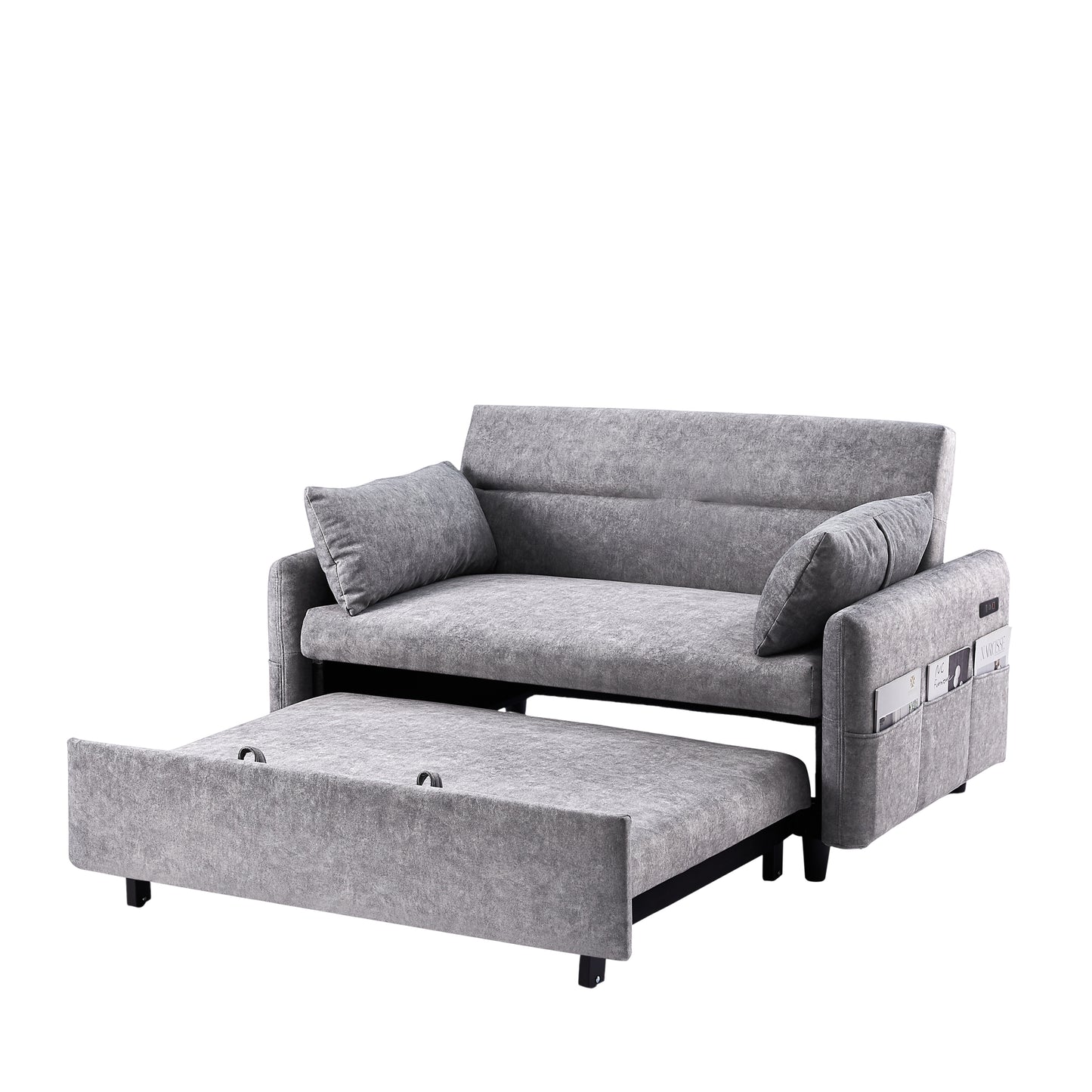 55.1" Pull Out Sleep Sofa Bed Loveseats Sofa Couch with Adjsutable Backrest, Storage Pockets, 2 Soft Pillows, USB Ports for Living Room, Bedroom, Apartment, Office,Grey (Old SKU:WF315689AAE)