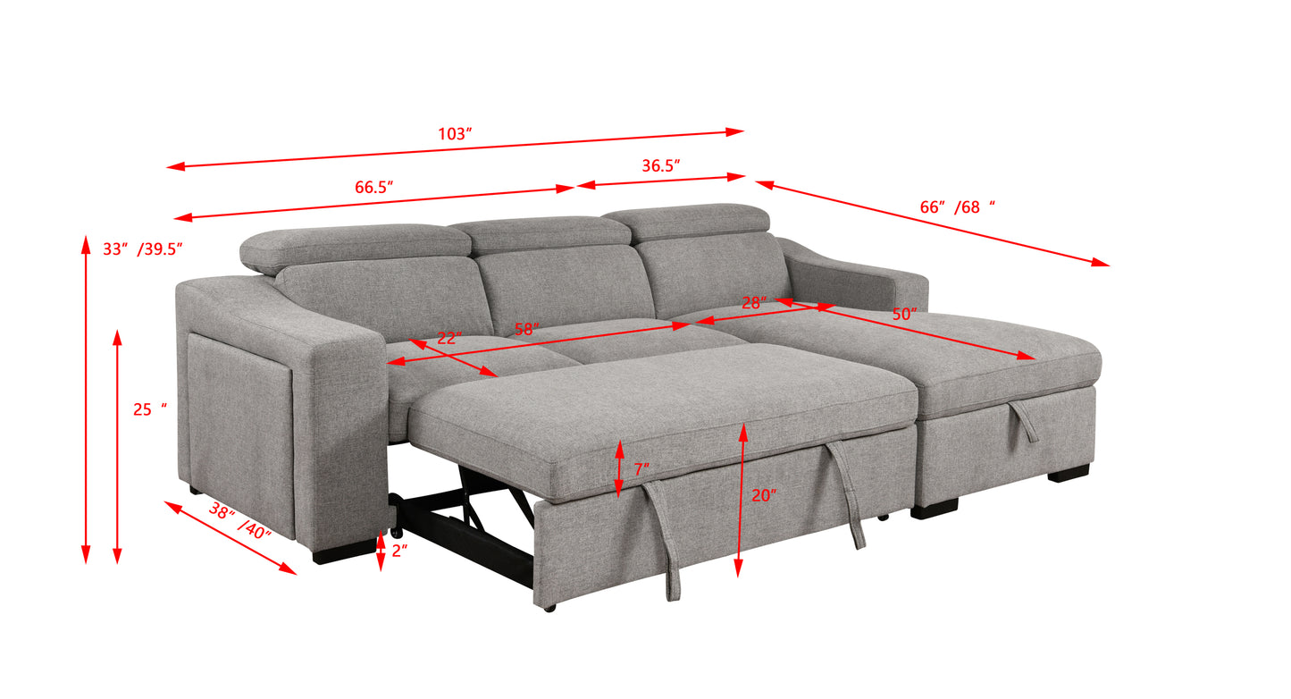 103'' inch Convertible Sectional Sofa with Storage Chaise, Adjustable Headrests, L-shaped Sleeper Corner Sectional Sofa with a Pull-Out Bed ,a USB Charging,and a Cup Holder,Light Gray