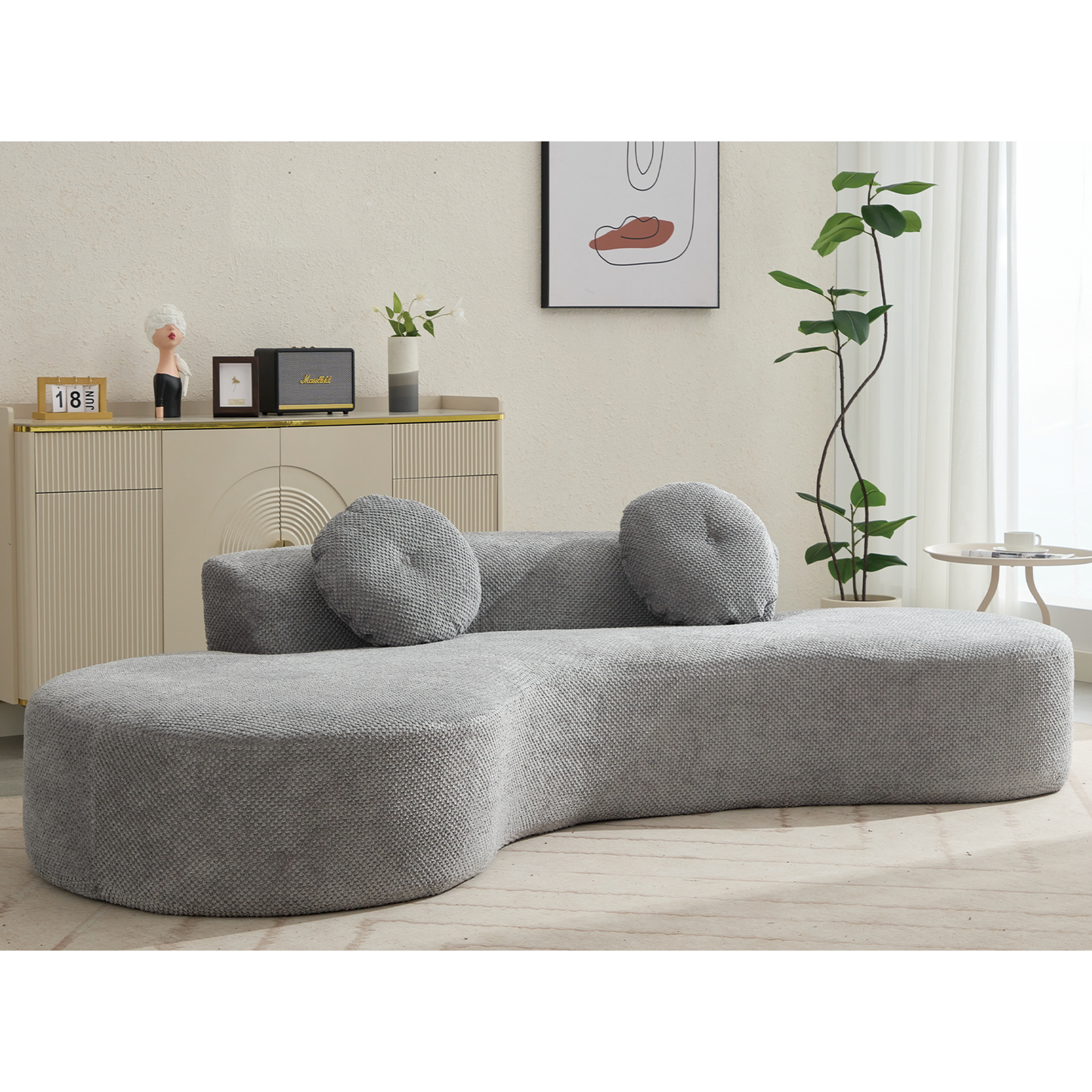 [NEW ARRIVED] [VIDEO PROVIDED]105.5''Curved Sofa, Modern Minimalist Sofa, Cloud Couch Sofa 3-4 Seater Couch with 2 Pillows,Bedroom,  No Assembly Required, Point-shaped corduroy,(Anti-Wrinkle) , Gray