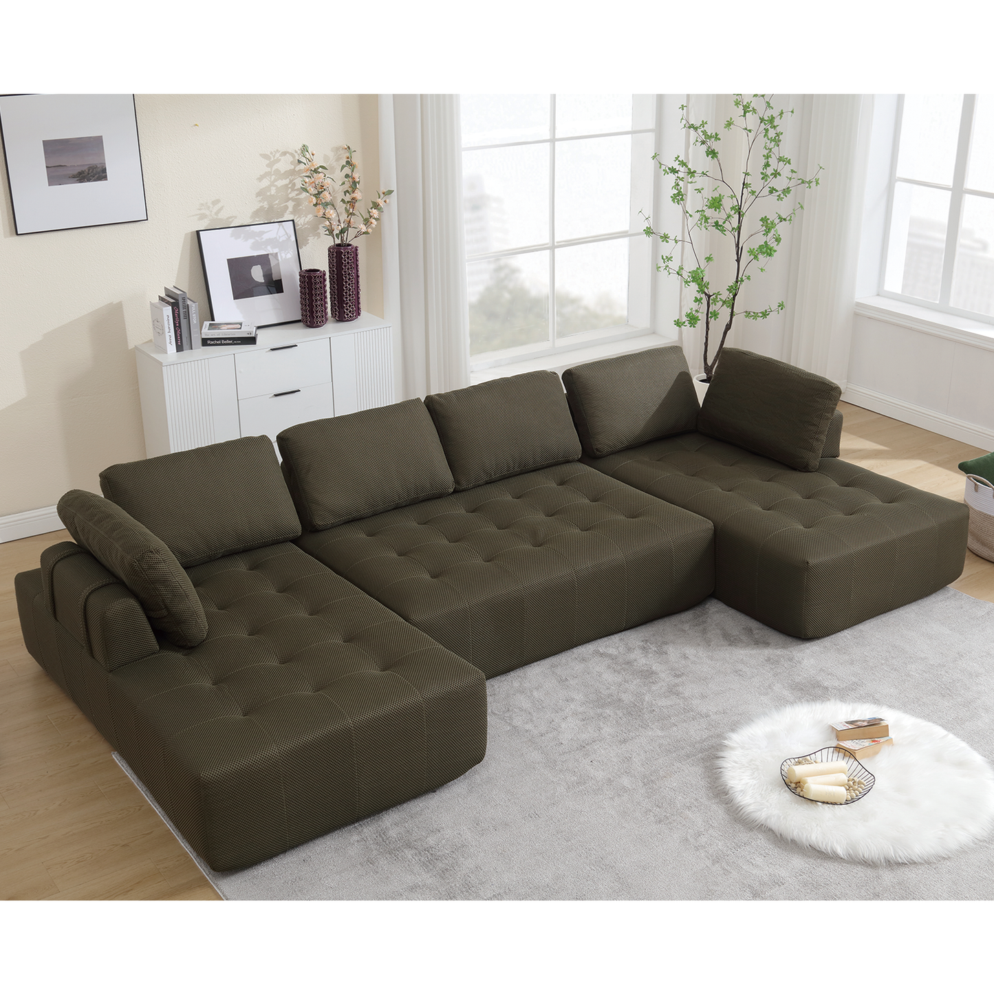 [NEW ARRIVED] [VIDEO PROVIDED]138.5 "Modular Combination Sofa, U-shaped Sofa, Living Room, Apartment, Upholstered ,6-seat Sofa, Free Combination Sofa (Mesh Fabric), Breathable Fabric,Green