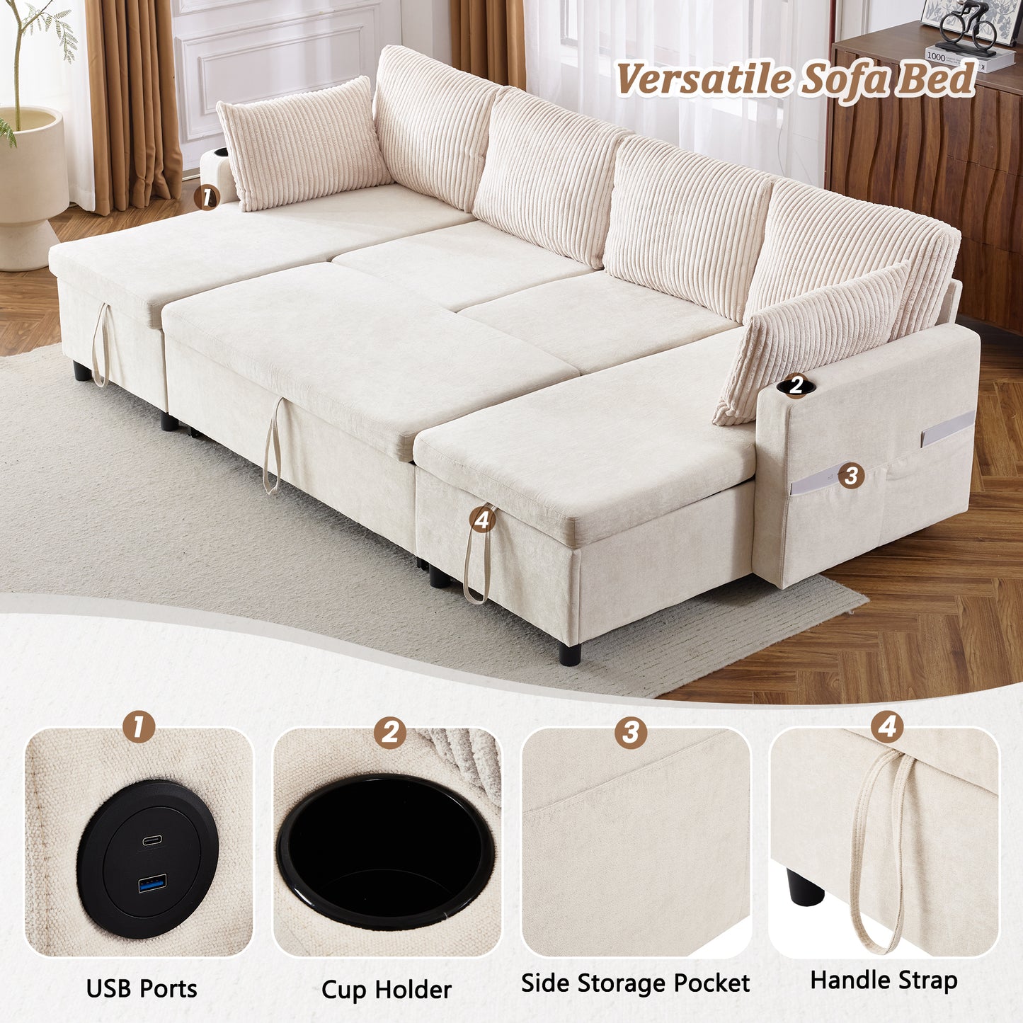 111.8" Sectional Sofa Pull-out Sofa Bed Versatile Sofa Sleeper with Large Storage Space, Two USB Ports and Two Cup Holders for Living Room, Beige