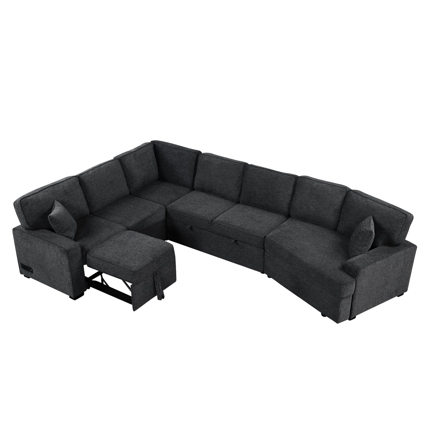 126" L-shaped Sofa Sectional Sofa Couch Pull-out Sofa Bed with Charging Devices and Cup Holders for Living Room, Blue Black