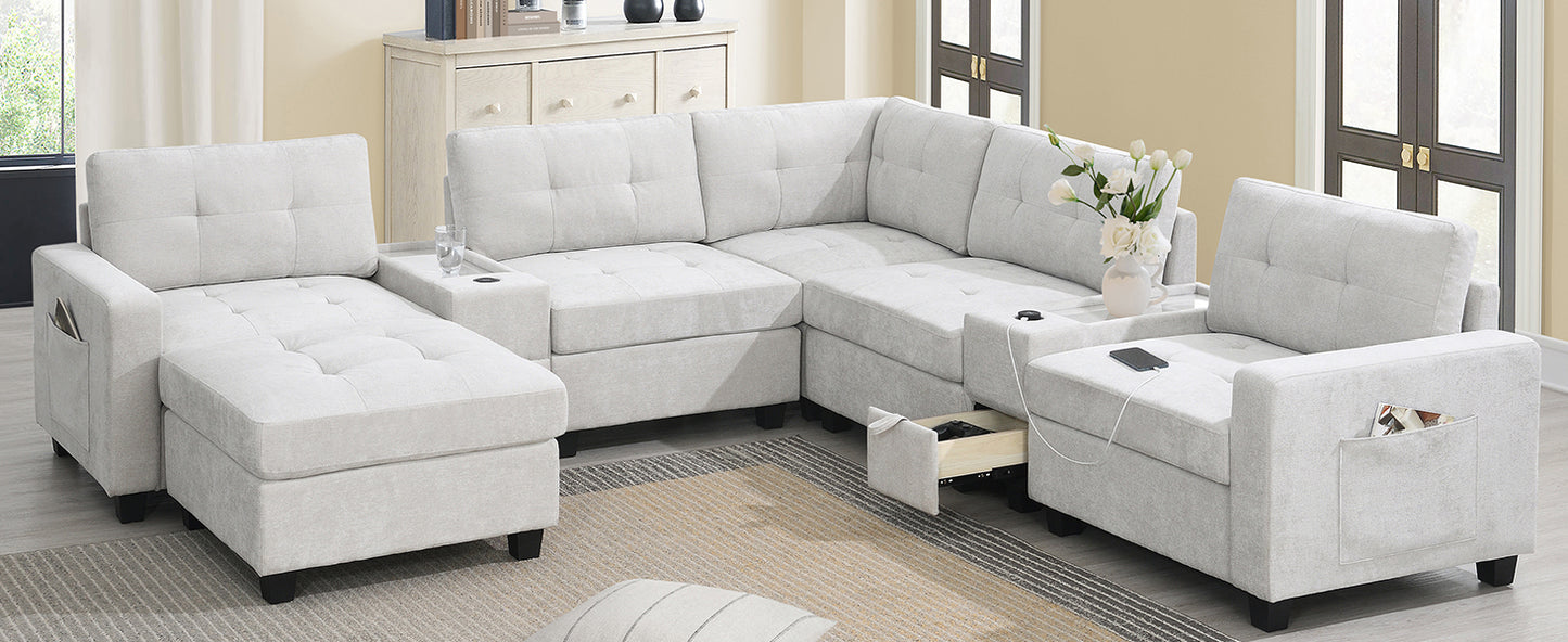 [Video]104'' Sectional Sofa with Acrylic Table Top,Chenille U Shaped Couch Set with 2 Consoles,USB Charger,Storage Drawers and Pockets,Movable Ottoman,Tufted Sofa for Living Room,Apartment,2 Colors