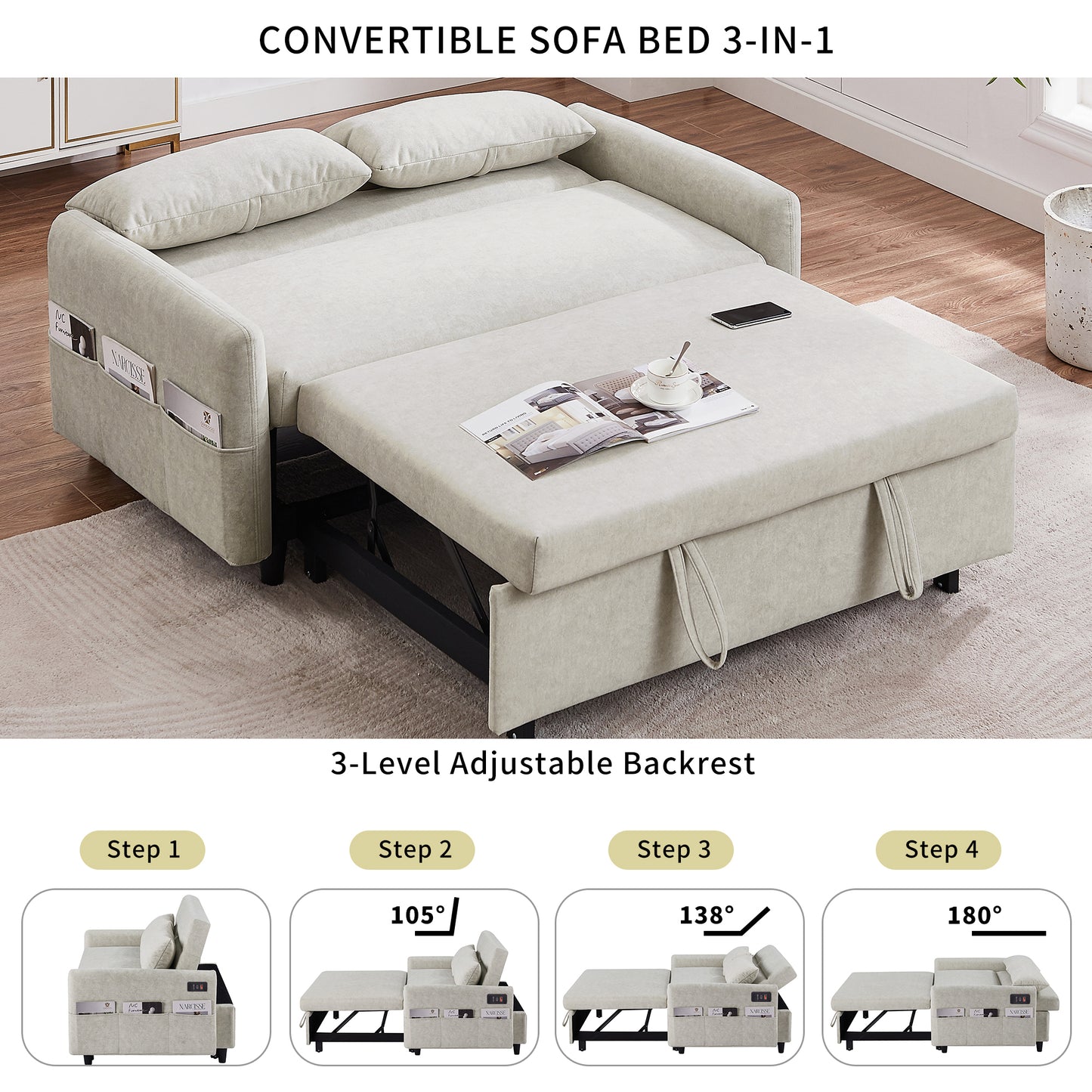 55.1" Pull Out Sleep Sofa Bed Loveseats Sofa Couch with Adjsutable Backrest, Storage Pockets, 2 Soft Pillows, USB Ports for Living Room, Bedroom, Apartment, Office, Beige (Old SKU: WF315689AAA)